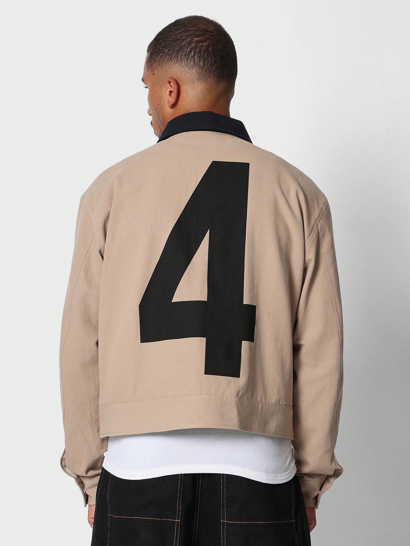 Crop Fit Workwear Canvas Jacket With Number Graphic Print