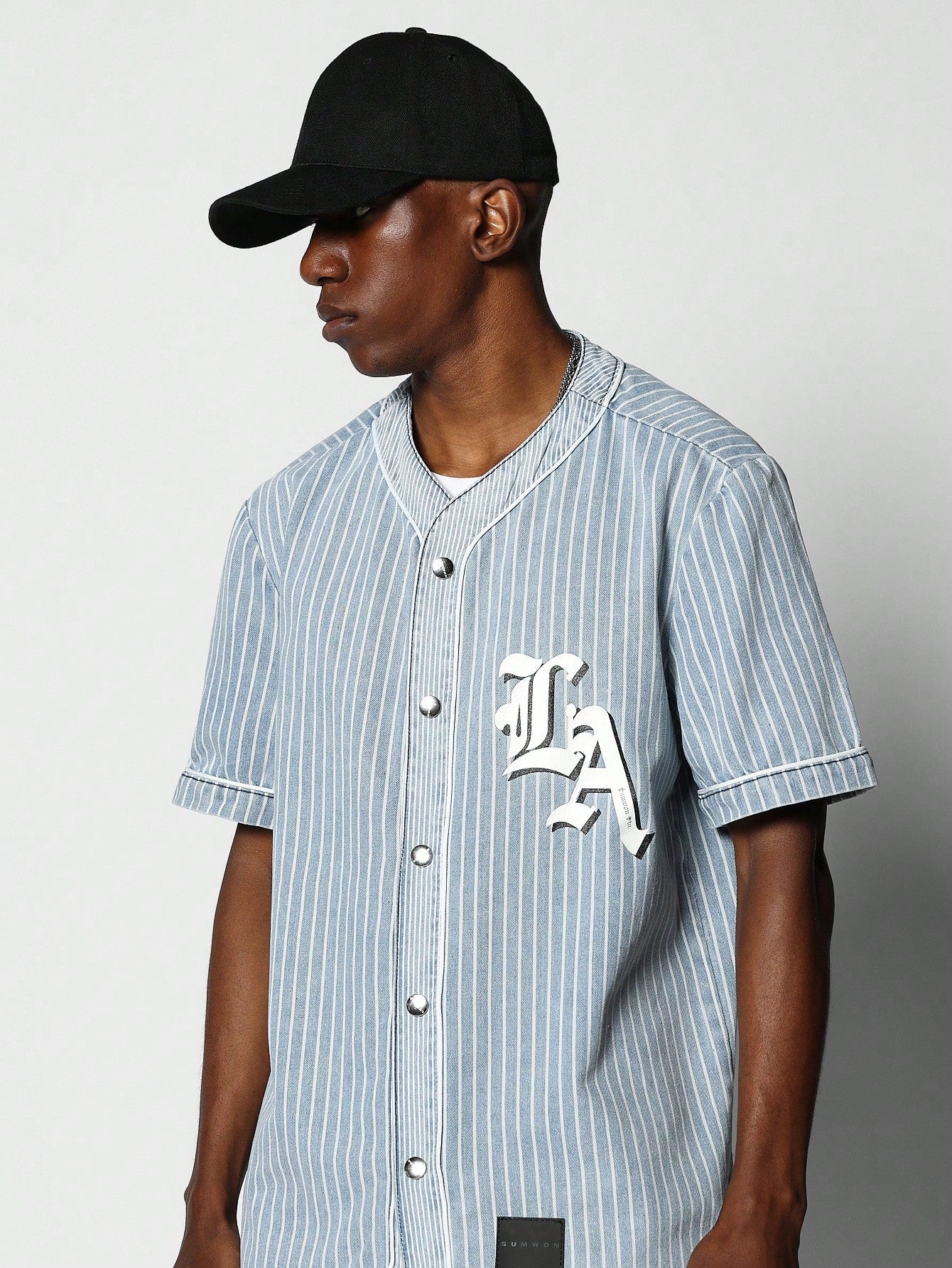 Washed Stripe Baller Shirt With LA Graphic Print