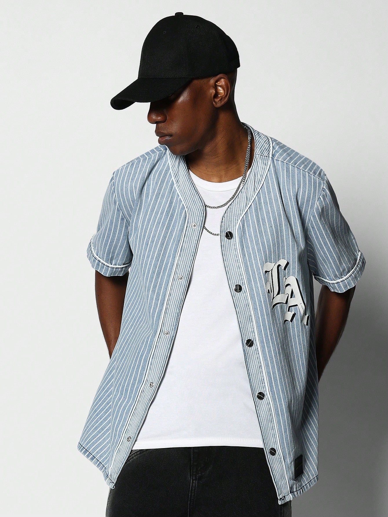 Washed Stripe Baller Shirt With LA Graphic Print