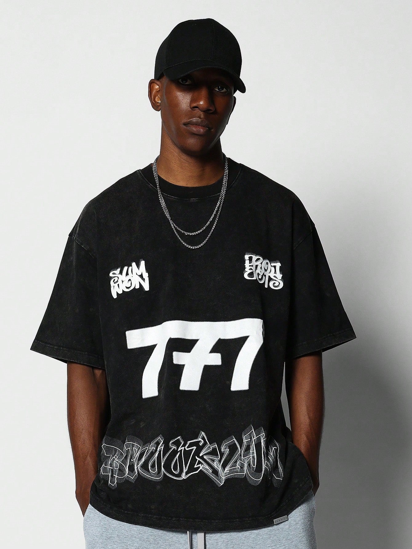 Washed Tee With Graffiti & Number Graphic Print