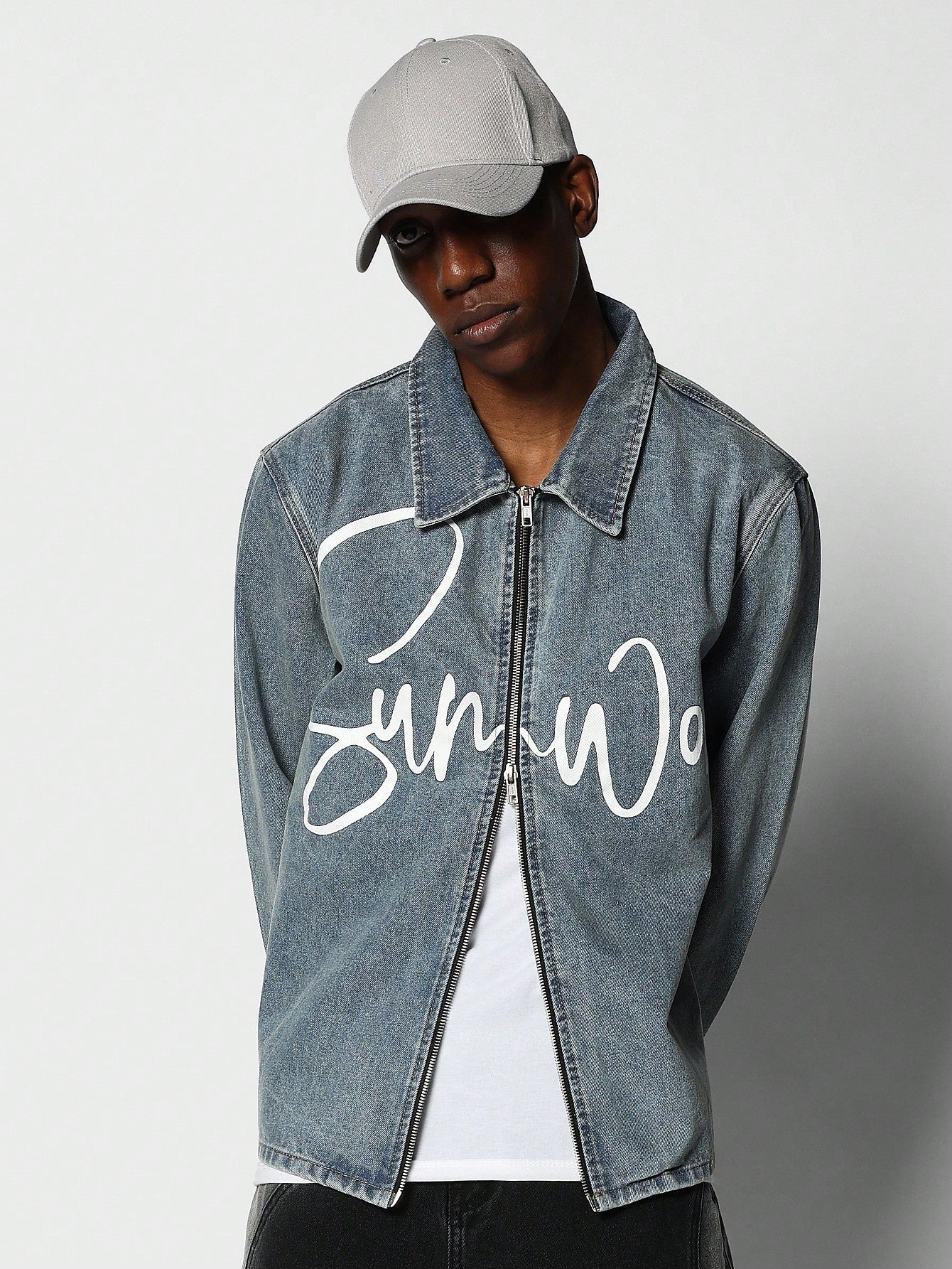 Regular Fit Zip Front LS Denim Shirt With Front Graphic Print