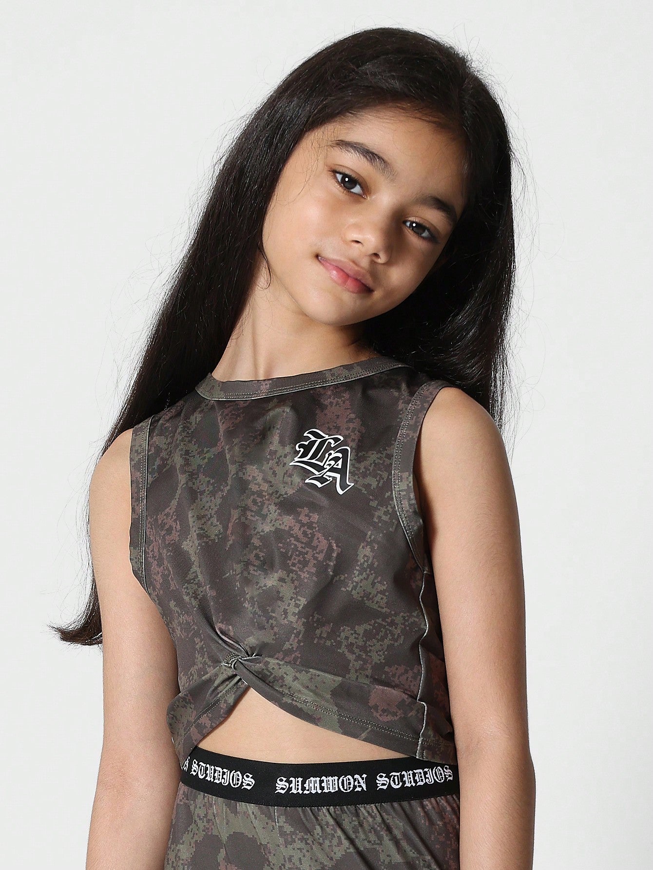 Tween Girls Leopard Print Knotted Tank And Running Short 2 Piece Set