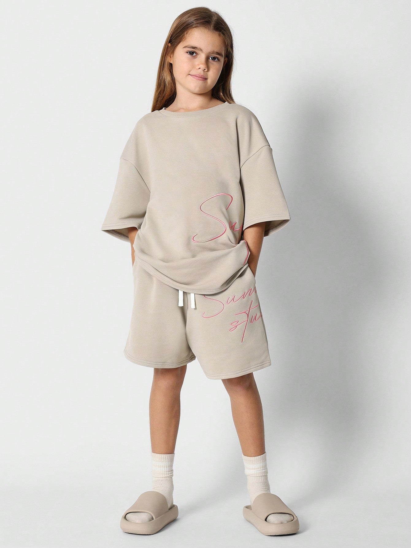 Tween Girls Oversized Fit Tee And Drop Crotch Short With Script Embroidery 2 Piece Set