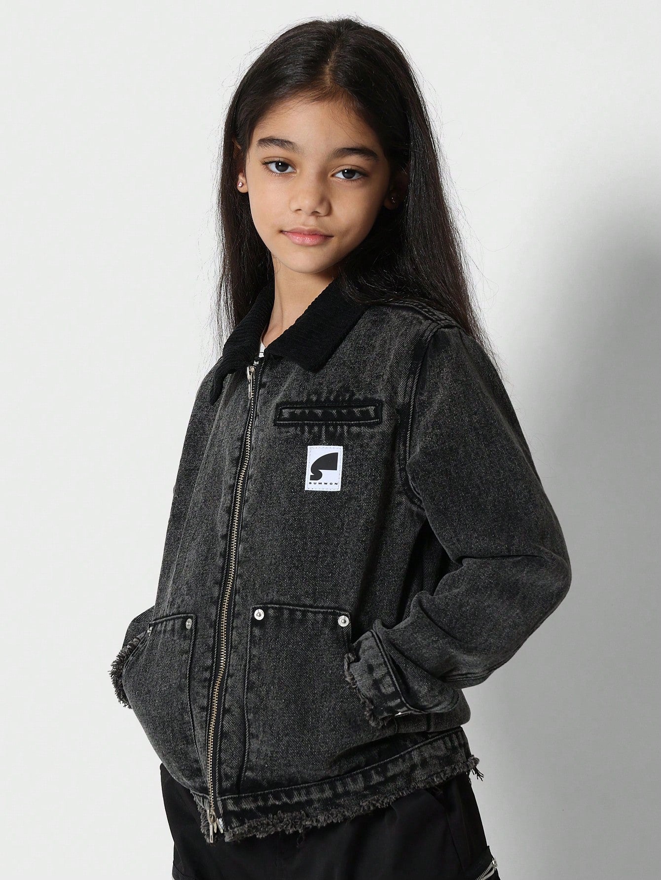 Tween Girls Washed Denim Jacket With Contrast Collar