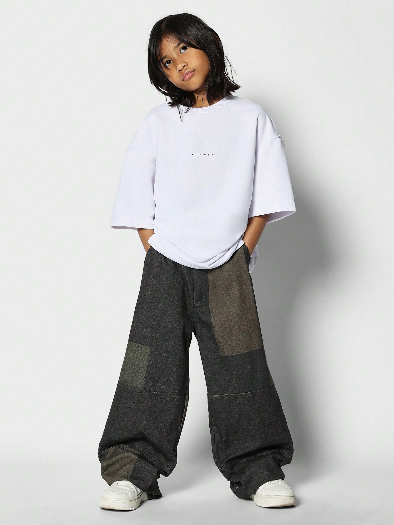 Tween Girls Loose Fit Baggy Colour Block Double Knee Pant