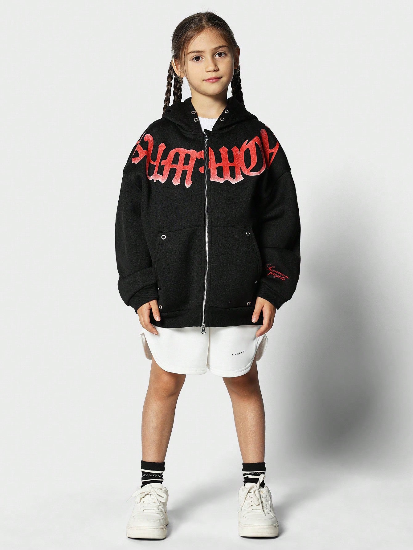 Tween Girls Zip Through Hoodie With Front Graffiti Graphic Print