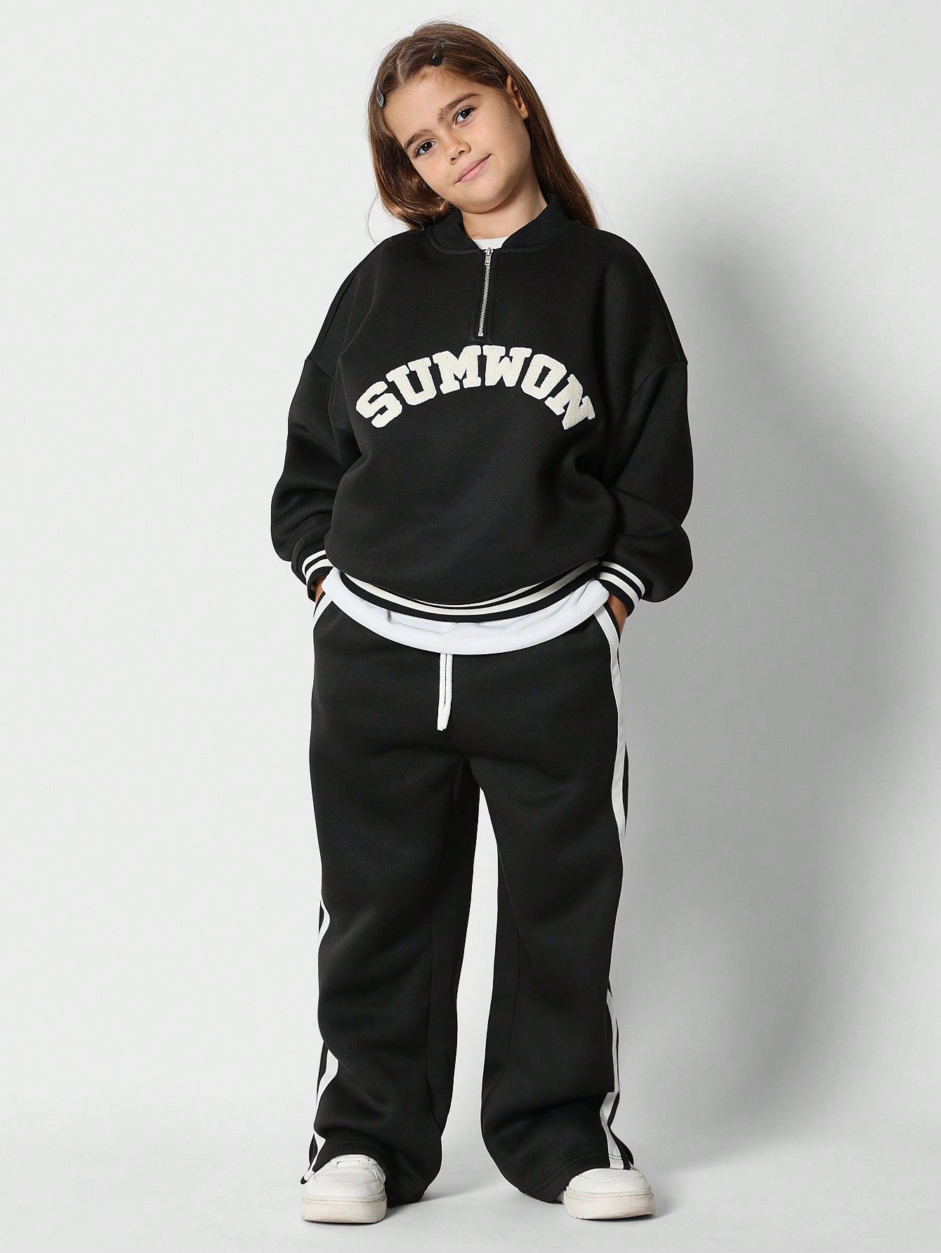 Tween Girls Comfy Oversized Half Zip Polo Sweatshirt And Flare Fit Sweatpants 2 Piece Set