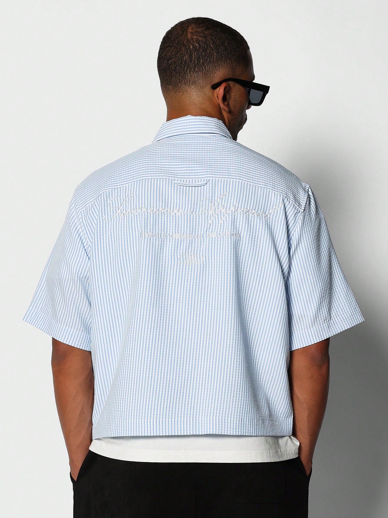 Crop Fit Pinstripe Shirt With Back Embroidery