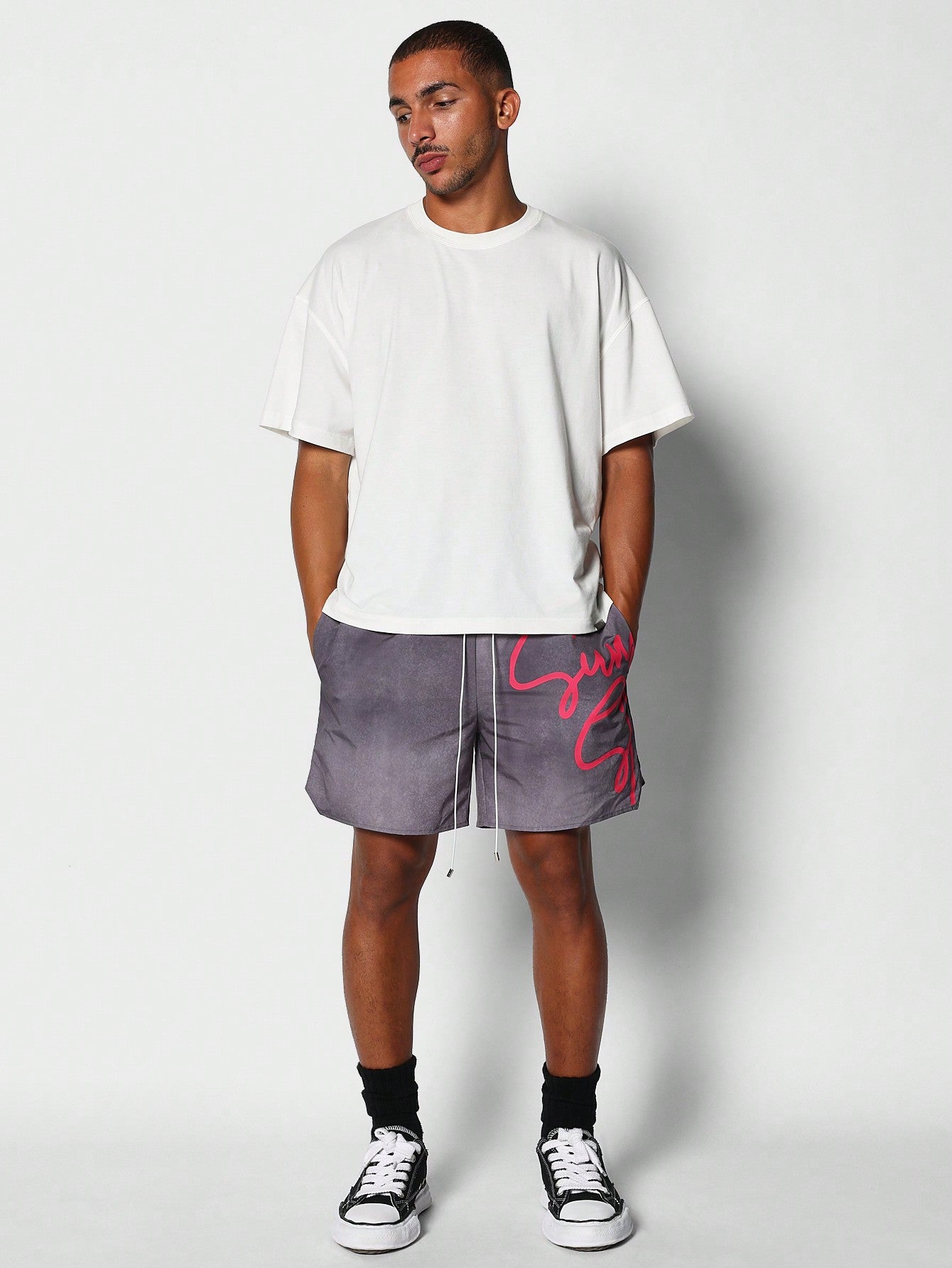 Nylon Short With Front Script Graphic