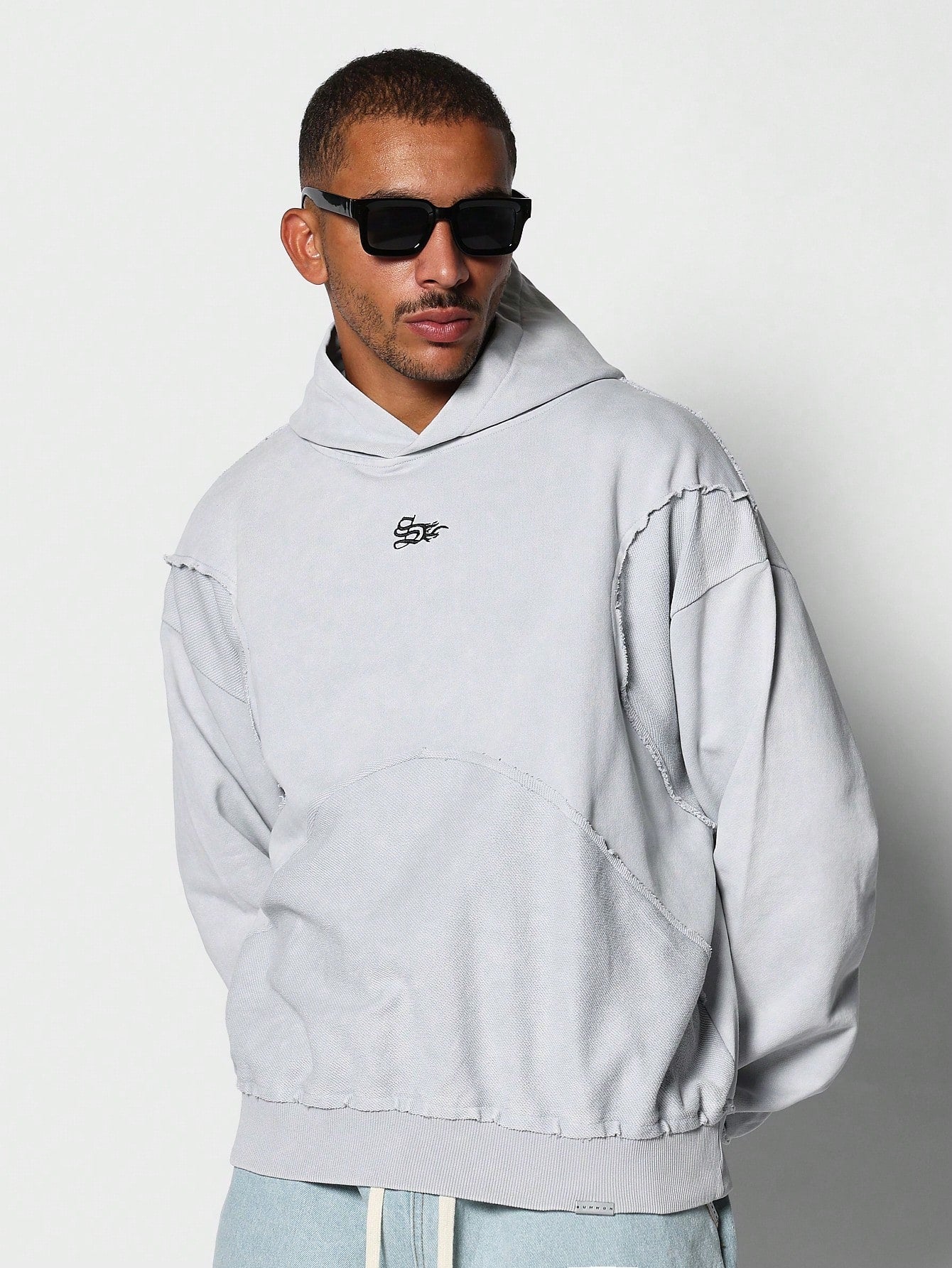 Oversized Washed Raw Edge Hem Hoodie With Front Graphic Print