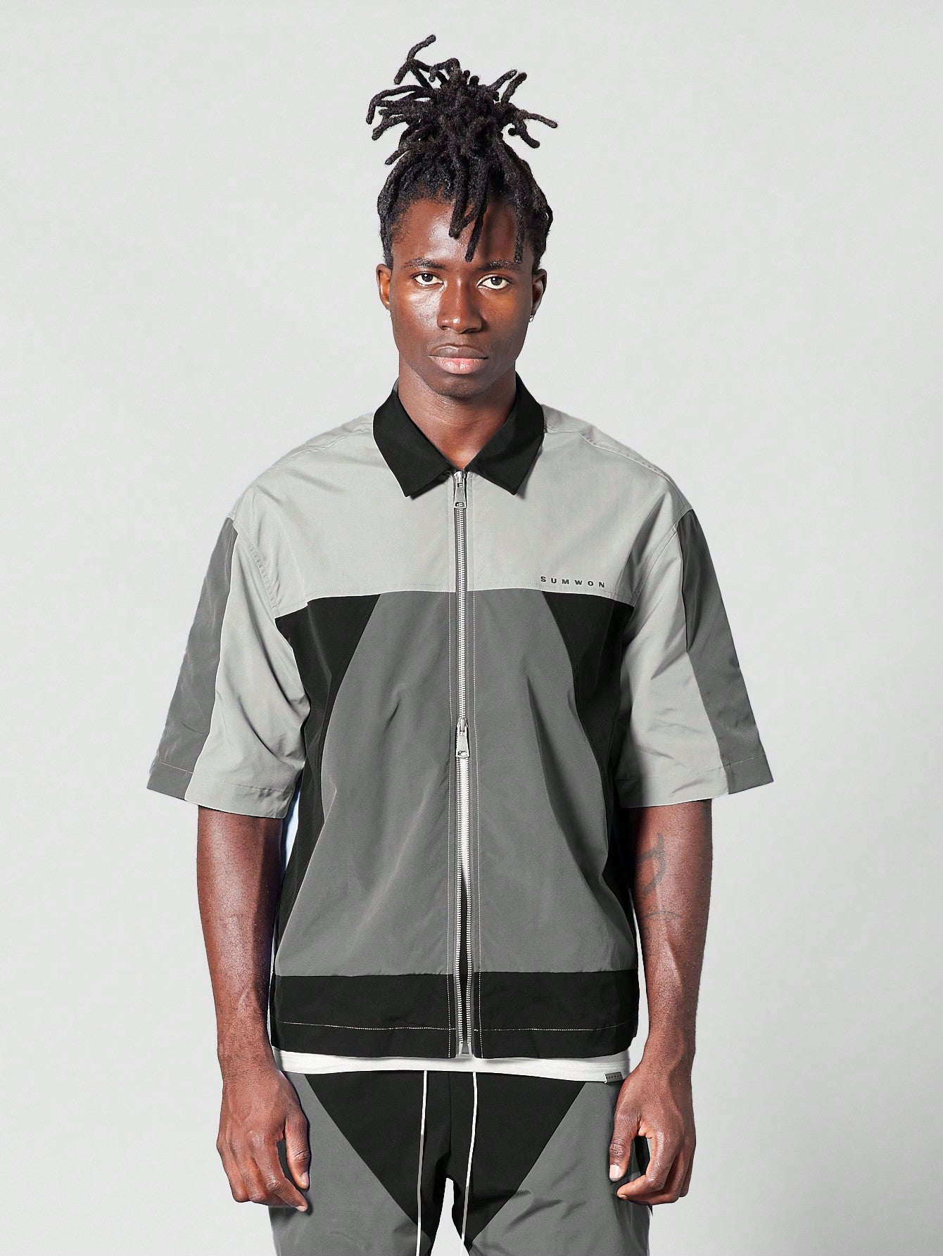 Boxy Fit Nylon Zip Shirt With Colour Blocked Panels