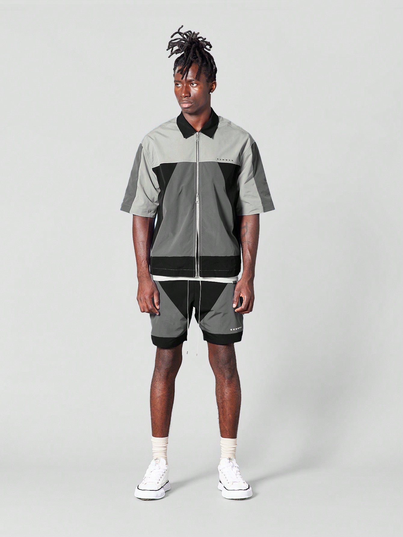 Boxy Fit Nylon Zip Shirt With Colour Blocked Panels