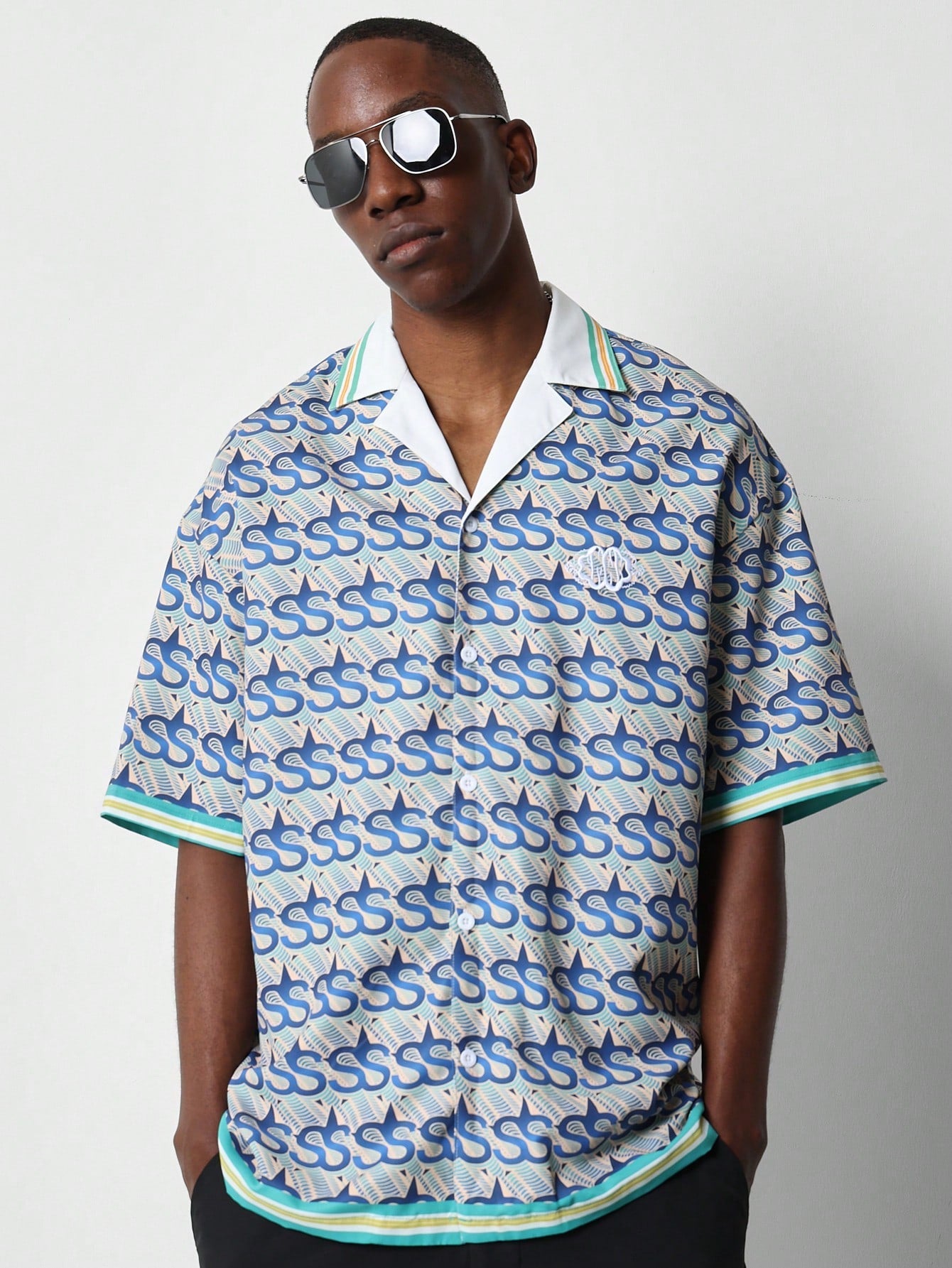 Relaxed Fit Revere Collar Shirt With All Over Print