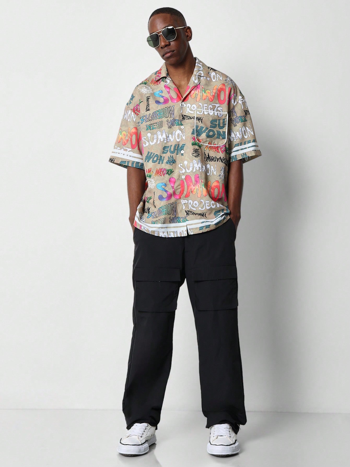 Relaxed Fit Revere Collar Shirt With All Over Print