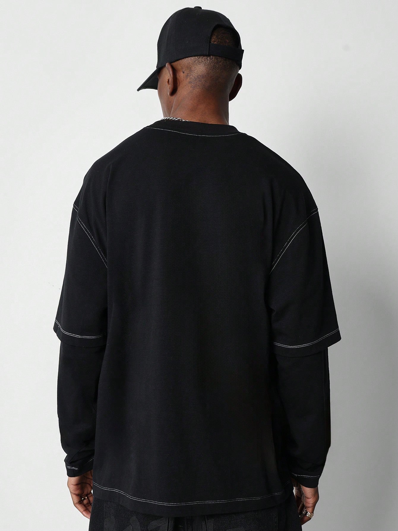 Double Layer Long Sleeve Tee With Contrast Stitch Detail