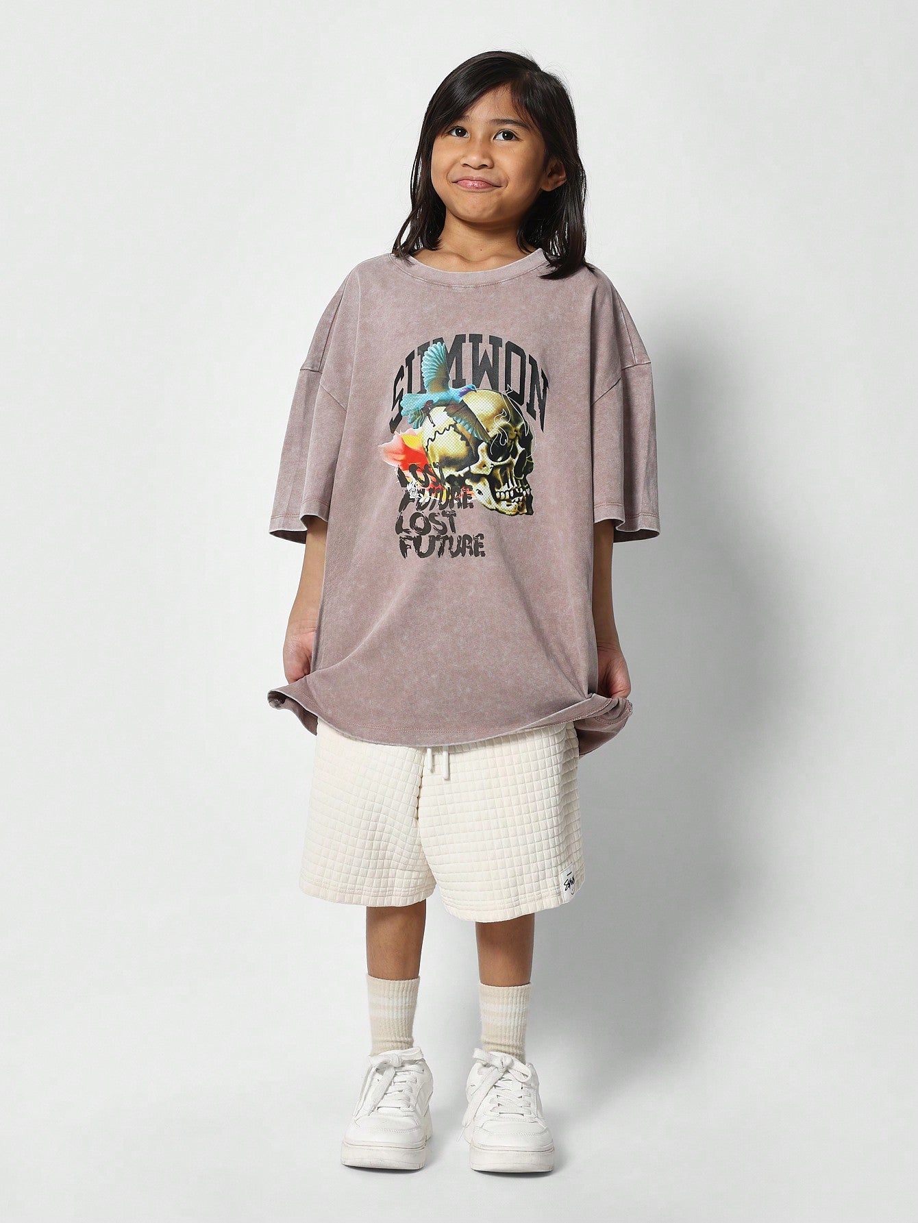 Tween Girls Oversized Fit Drop Shoulder Washed Shirt With Front Graphic Print