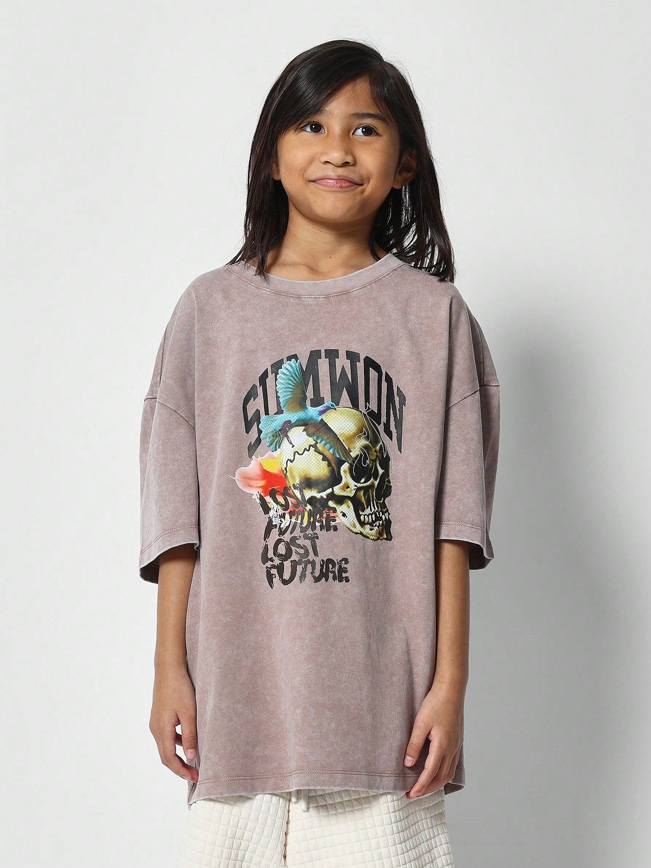 Tween Girls Oversized Fit Drop Shoulder Washed Shirt With Front Graphic Print