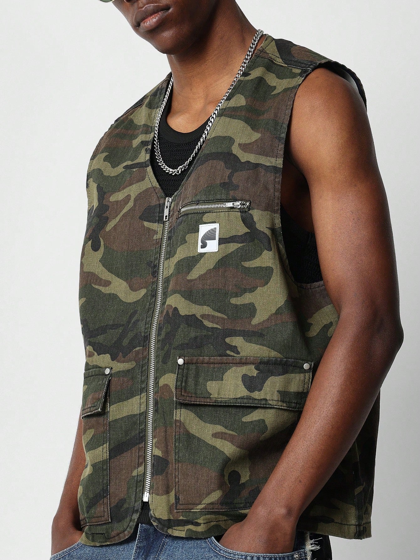 Zip Through Gilet With All Over Camo Print