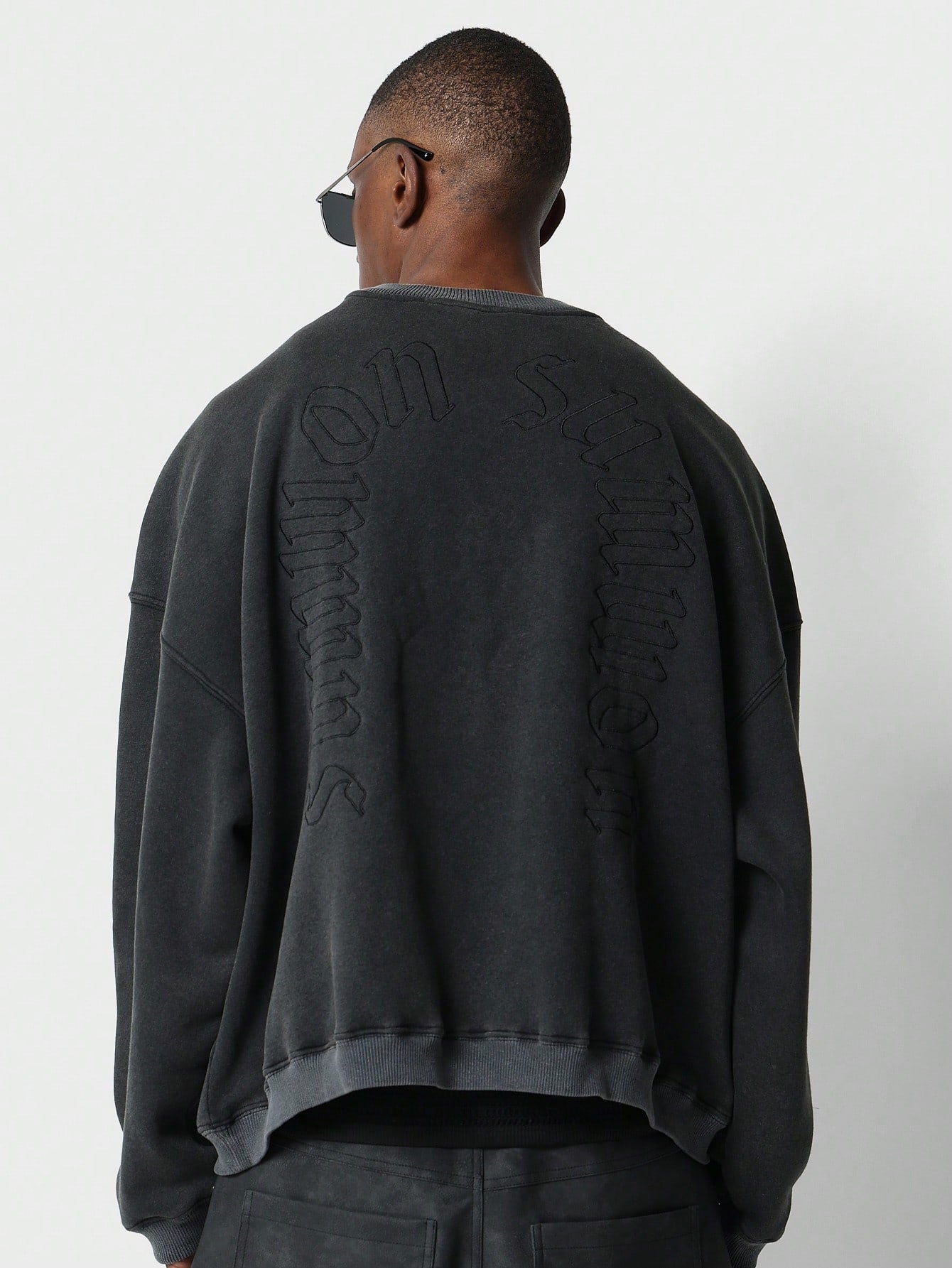 Washed Crew Neck Drop Shoulder Sweatshirt With Back Embroidery