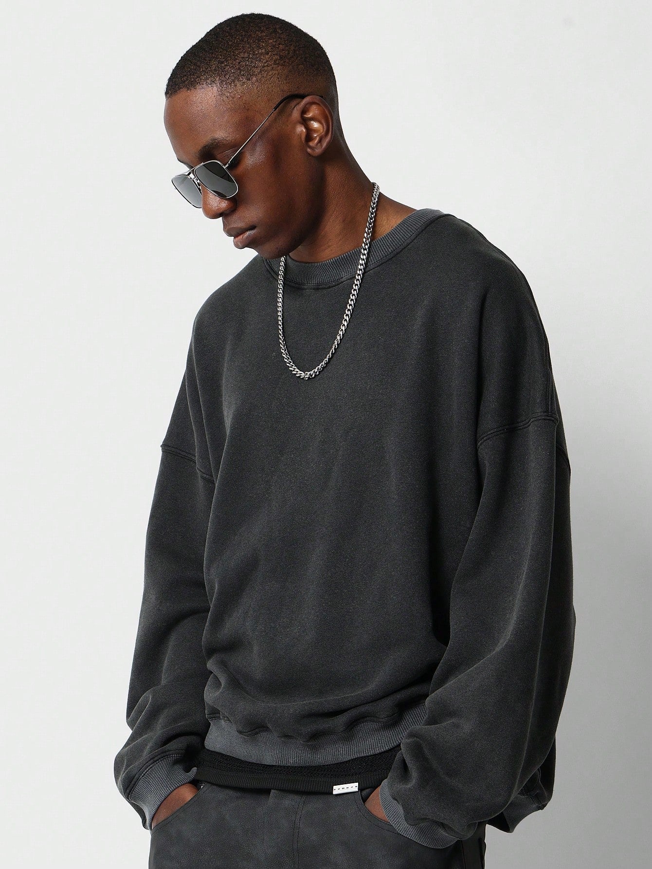 Washed Crew Neck Drop Shoulder Sweatshirt With Back Embroidery