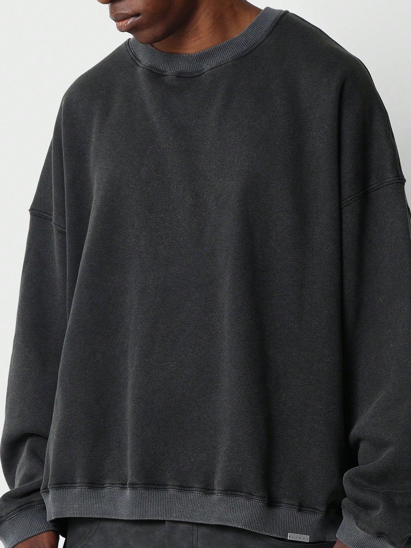 Washed Crew Neck Drop Shoulder Sweatshirt With Back Embroidery