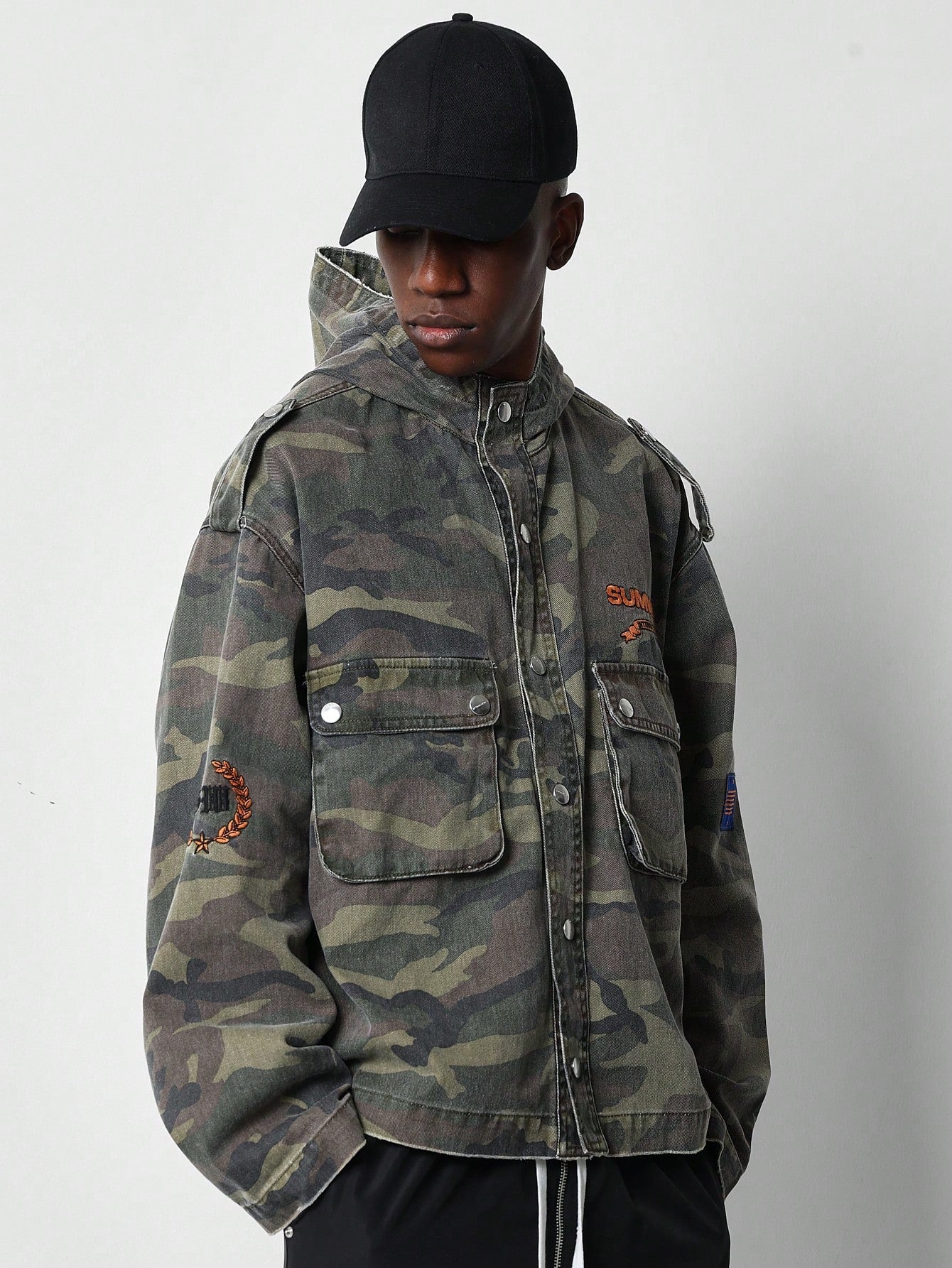 Washed Camo Denim Hooded Jacket With Embroidery