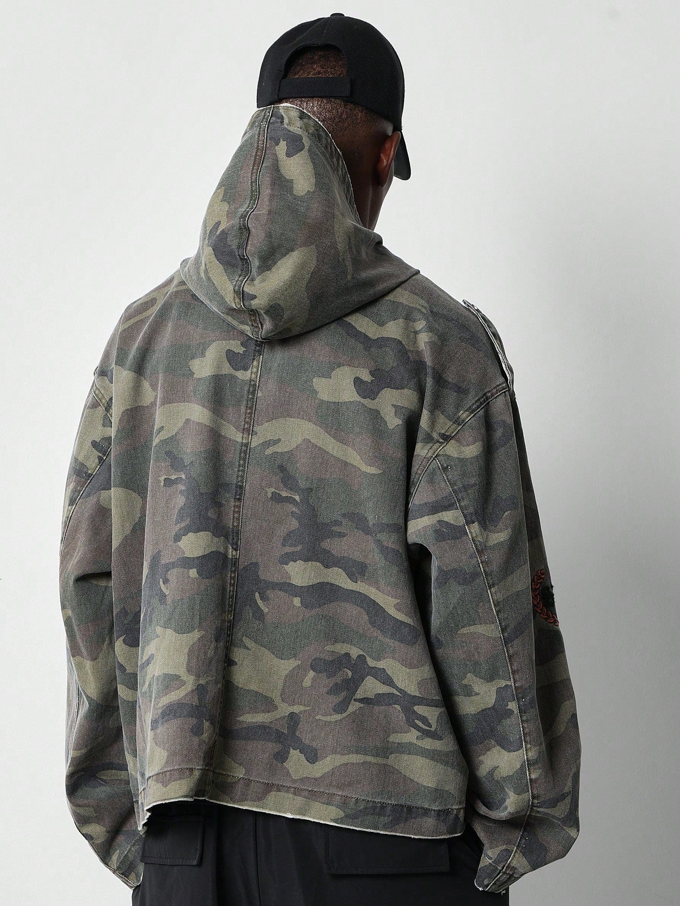 Washed Camo Denim Hooded Jacket With Embroidery