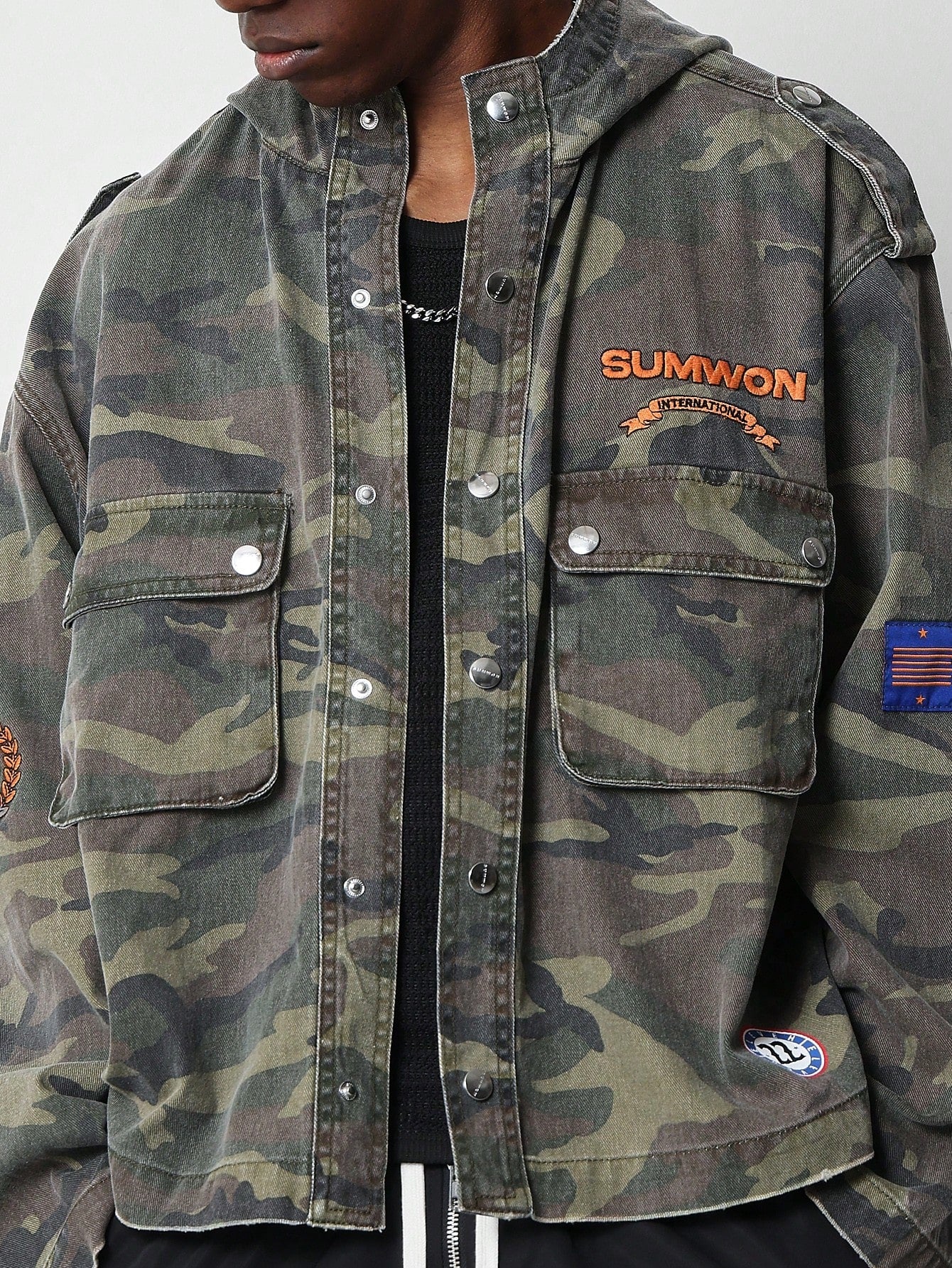 Washed Camo Denim Hooded Jacket With Embroidery