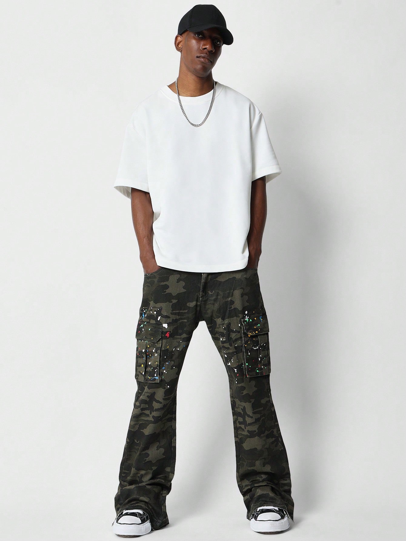 Camo Cargo Jeans With Paint Print