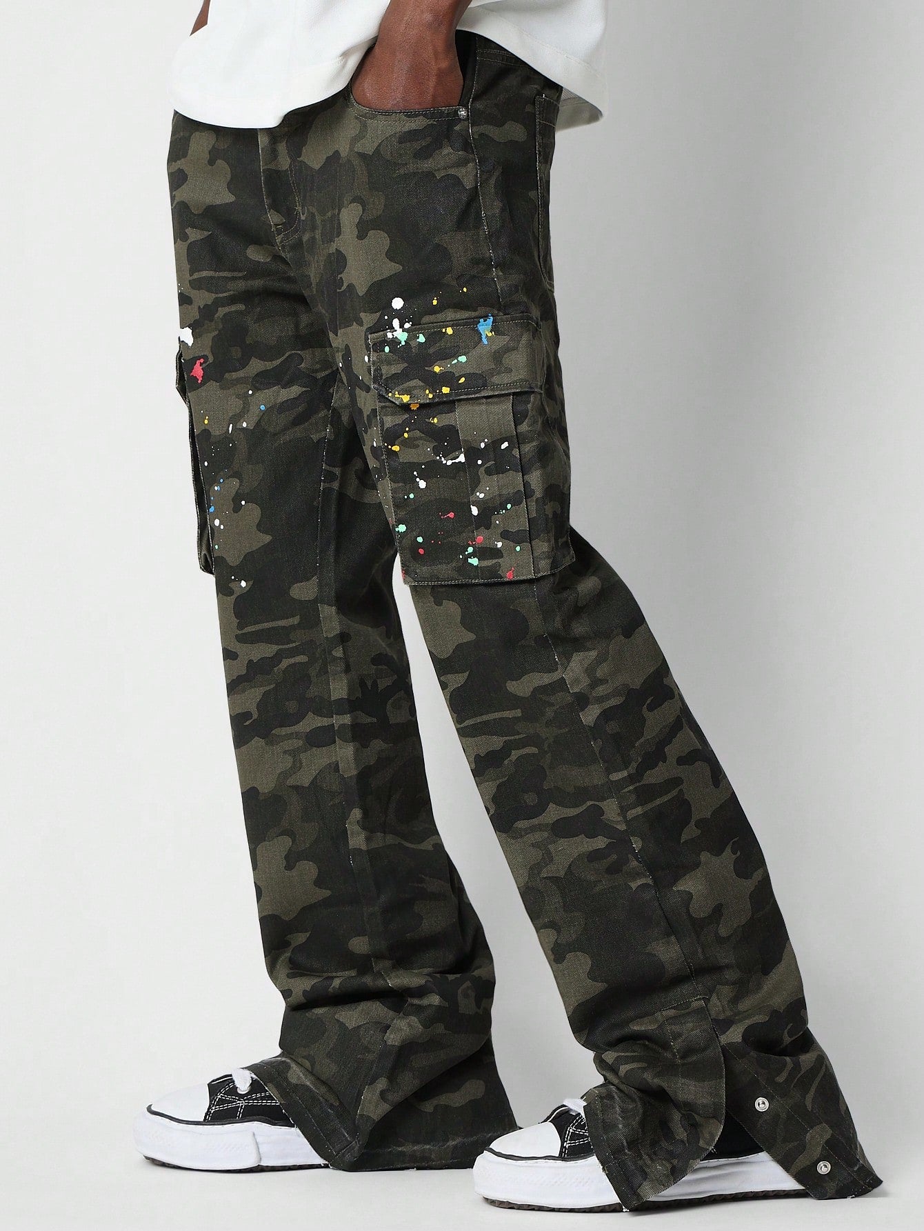 Camo Cargo Jeans With Paint Print
