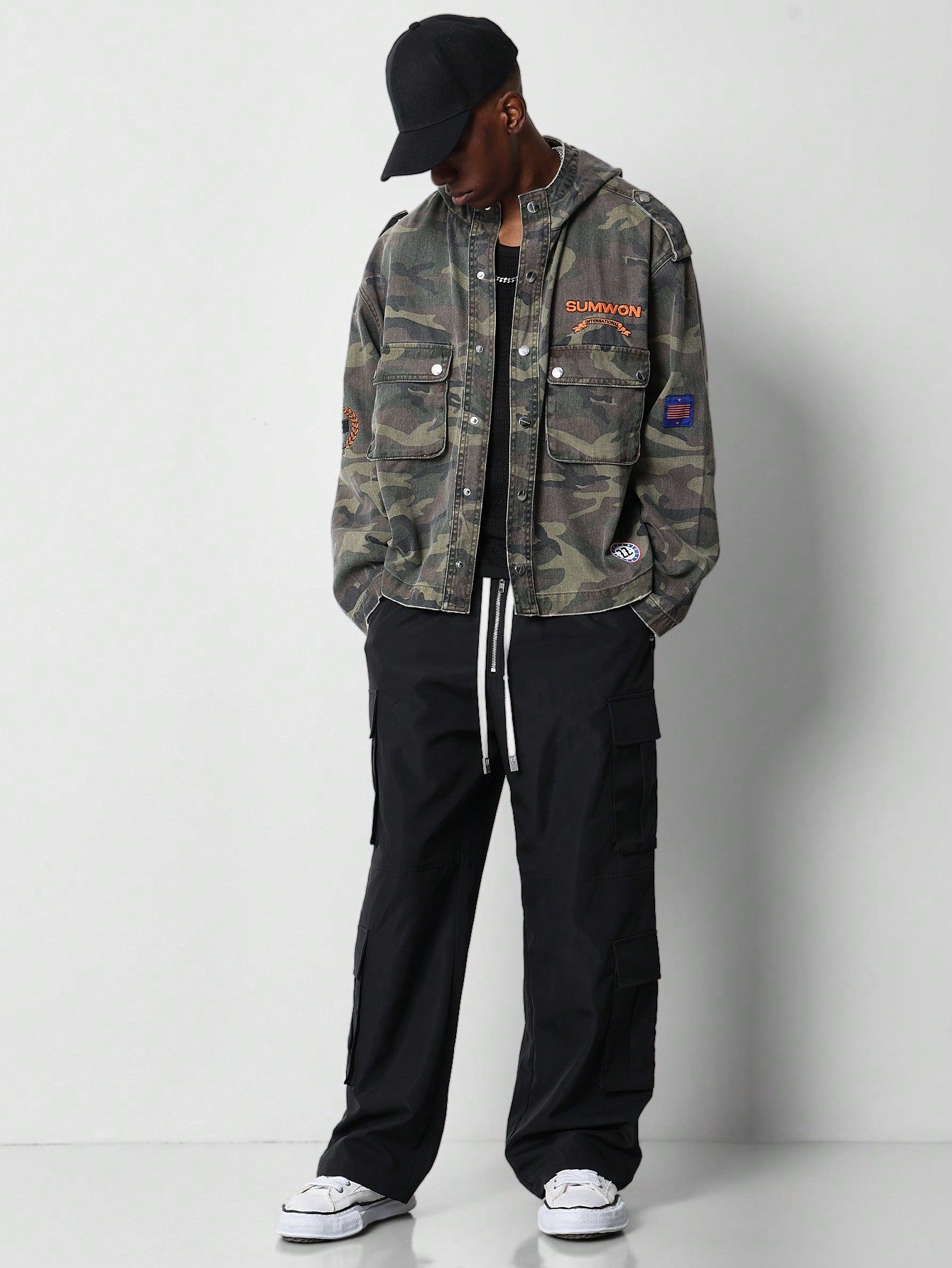 Washed Camo Denim Hooded Jacket With Embroidery