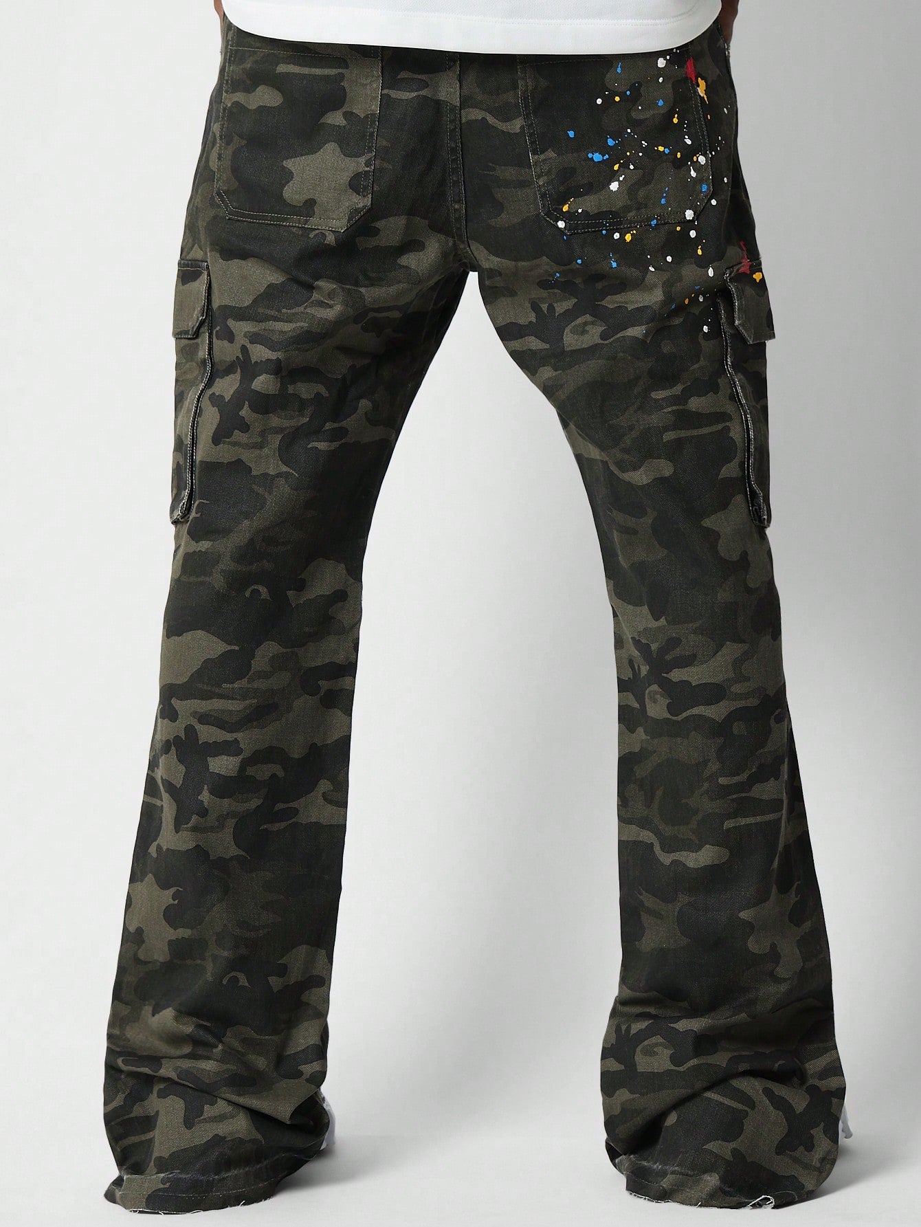 Camo Cargo Jeans With Paint Print