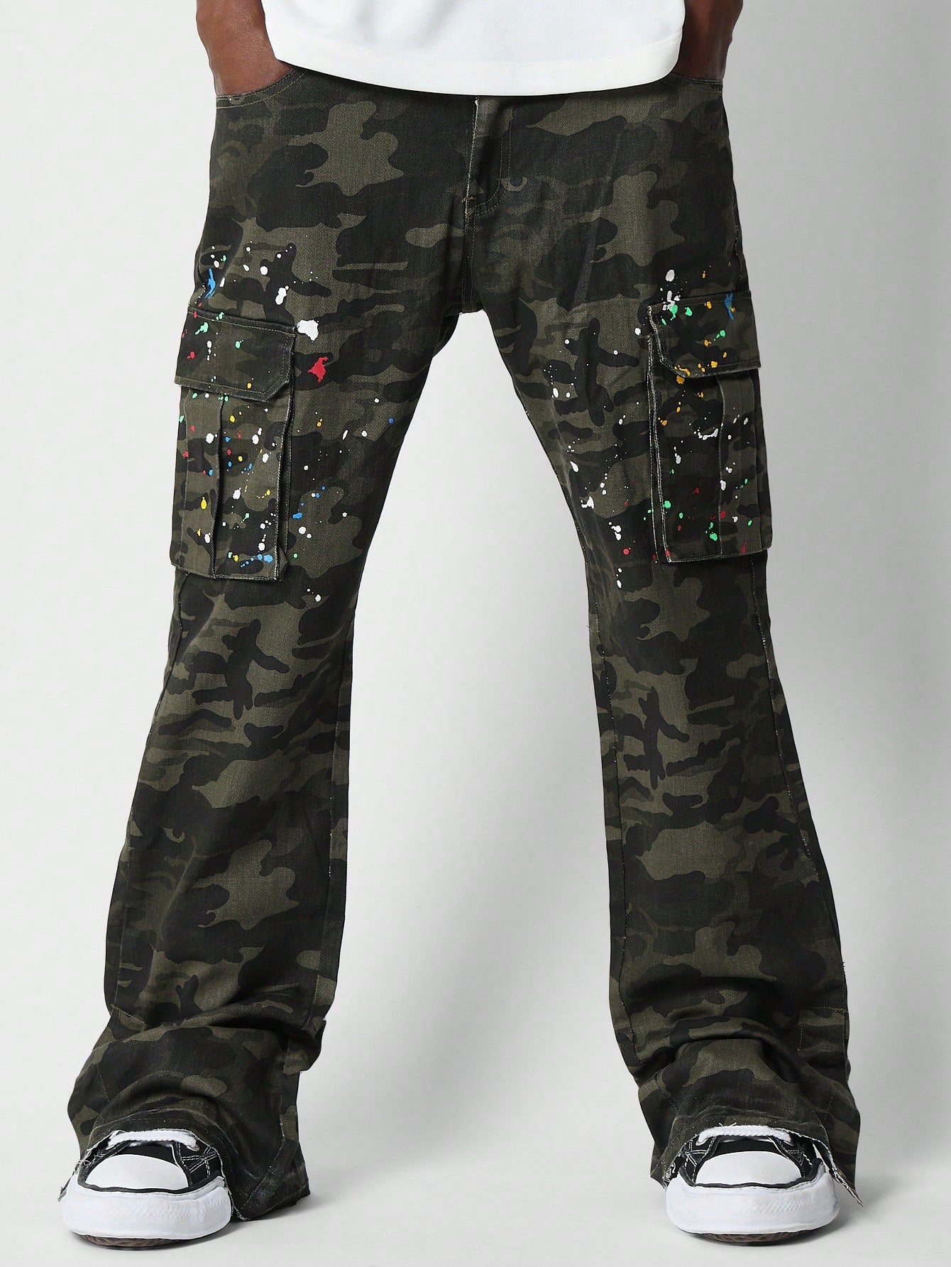 Camo Cargo Jeans With Paint Print