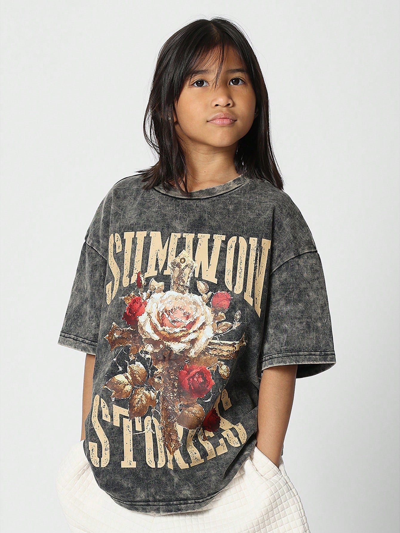 Tween Girls Oversized Fit Washed Tee With Front Graphic