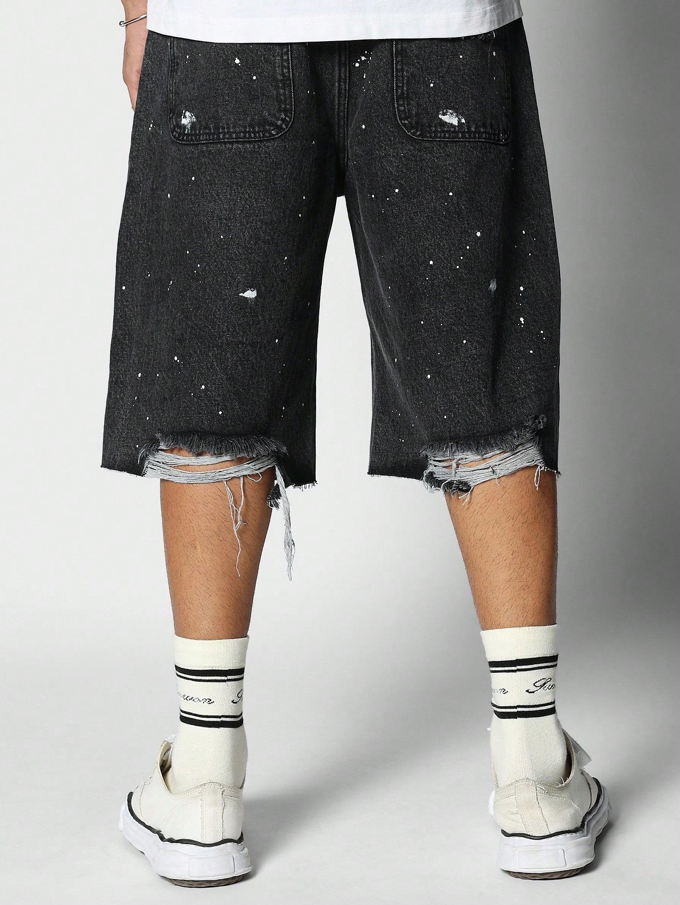 Raw Hem Bermuda Denim Short With Paint Print Halloween