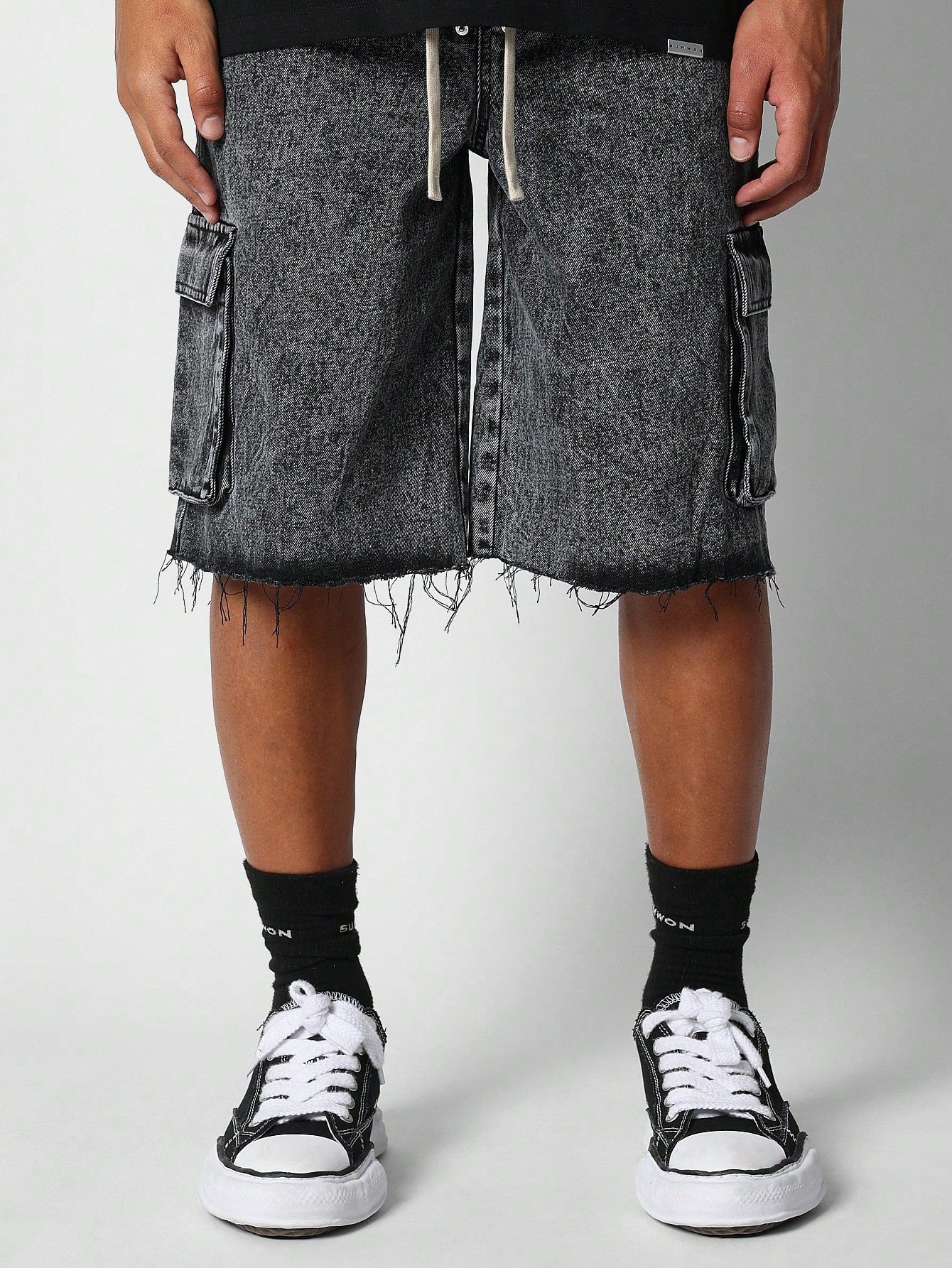 Pull On Denim Cargo Short With Raw Edge Detail