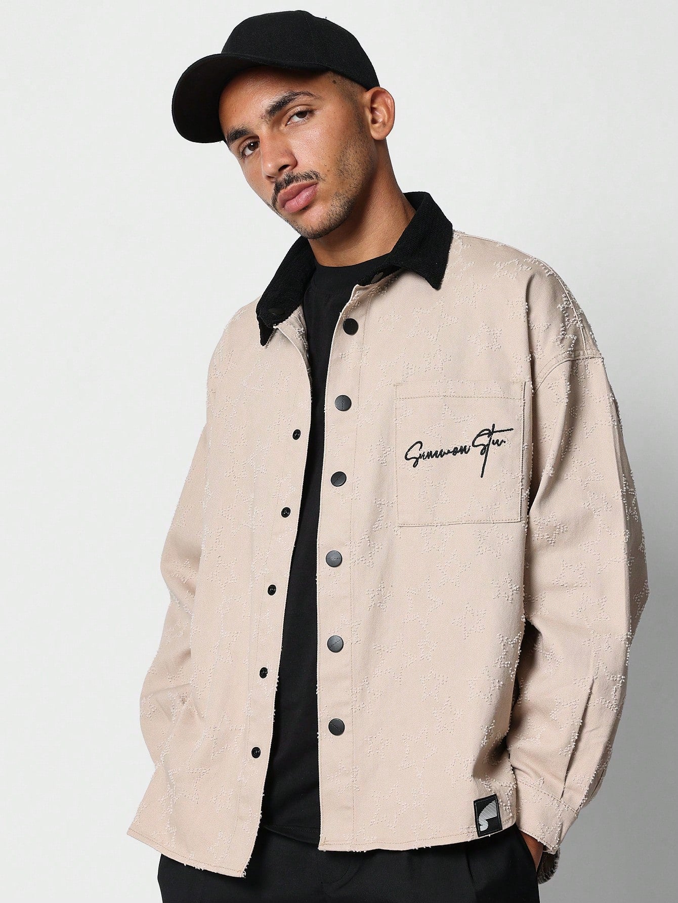 Oversized Fit Jacquard Denim Shirt With Contrast Collar & Embroidery