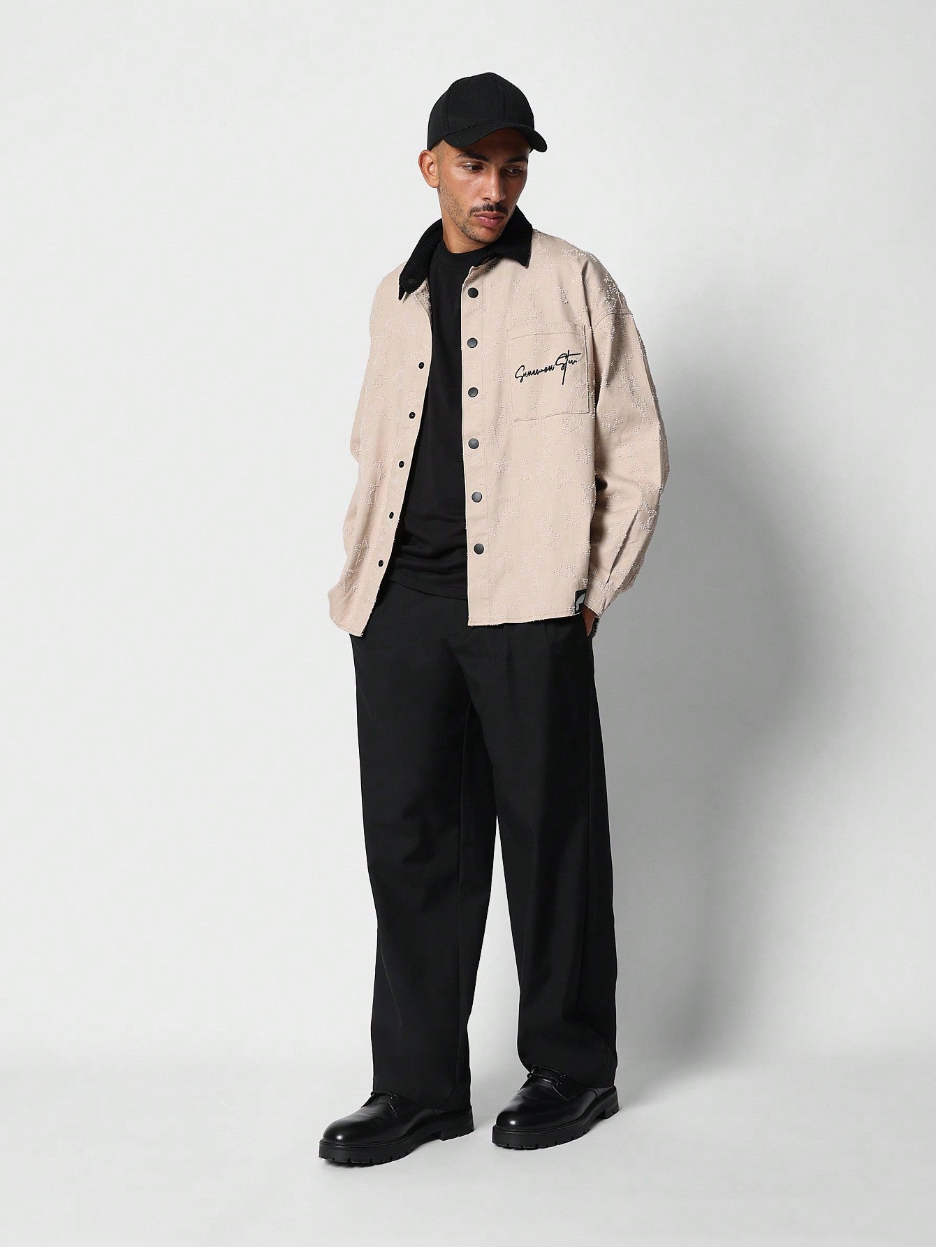 Oversized Fit Jacquard Denim Shirt With Contrast Collar & Embroidery