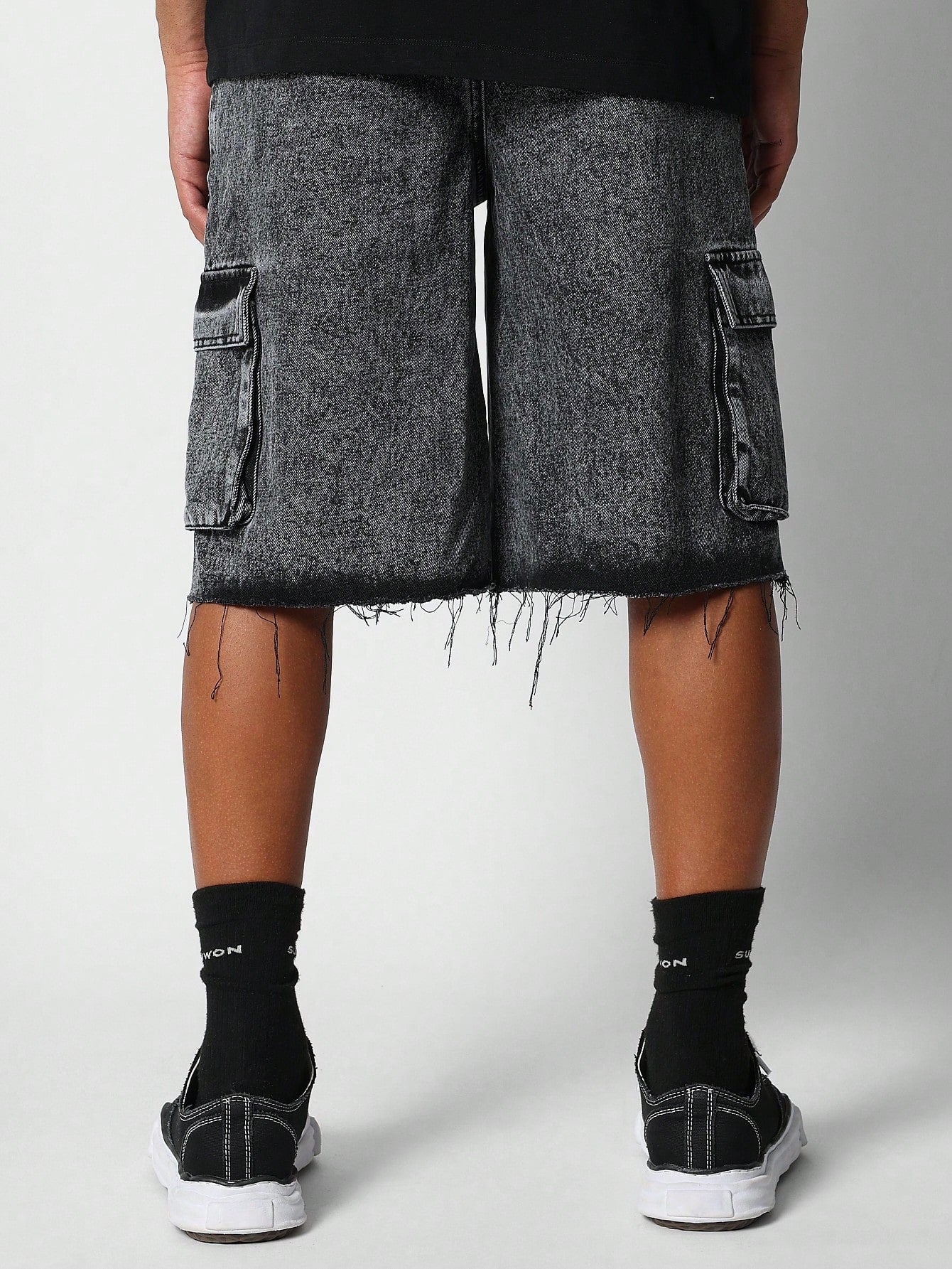 Pull On Denim Cargo Short With Raw Edge Detail