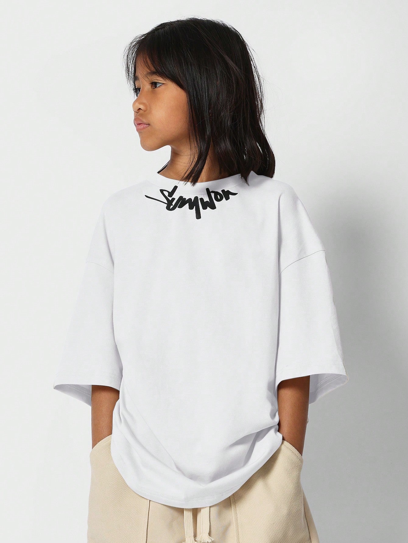 Tween Girls Oversized Fit Tee With Collar Print