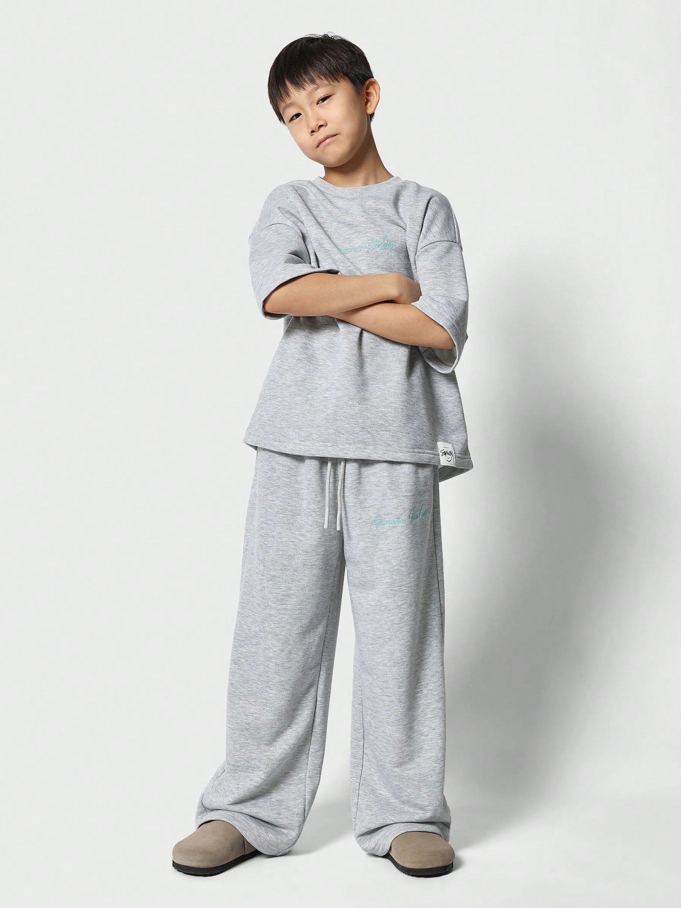 Tween Boys Oversized Elbow Sleeve Tee And Straight Fit Jogger With Embroidery Print 2 Piece Set