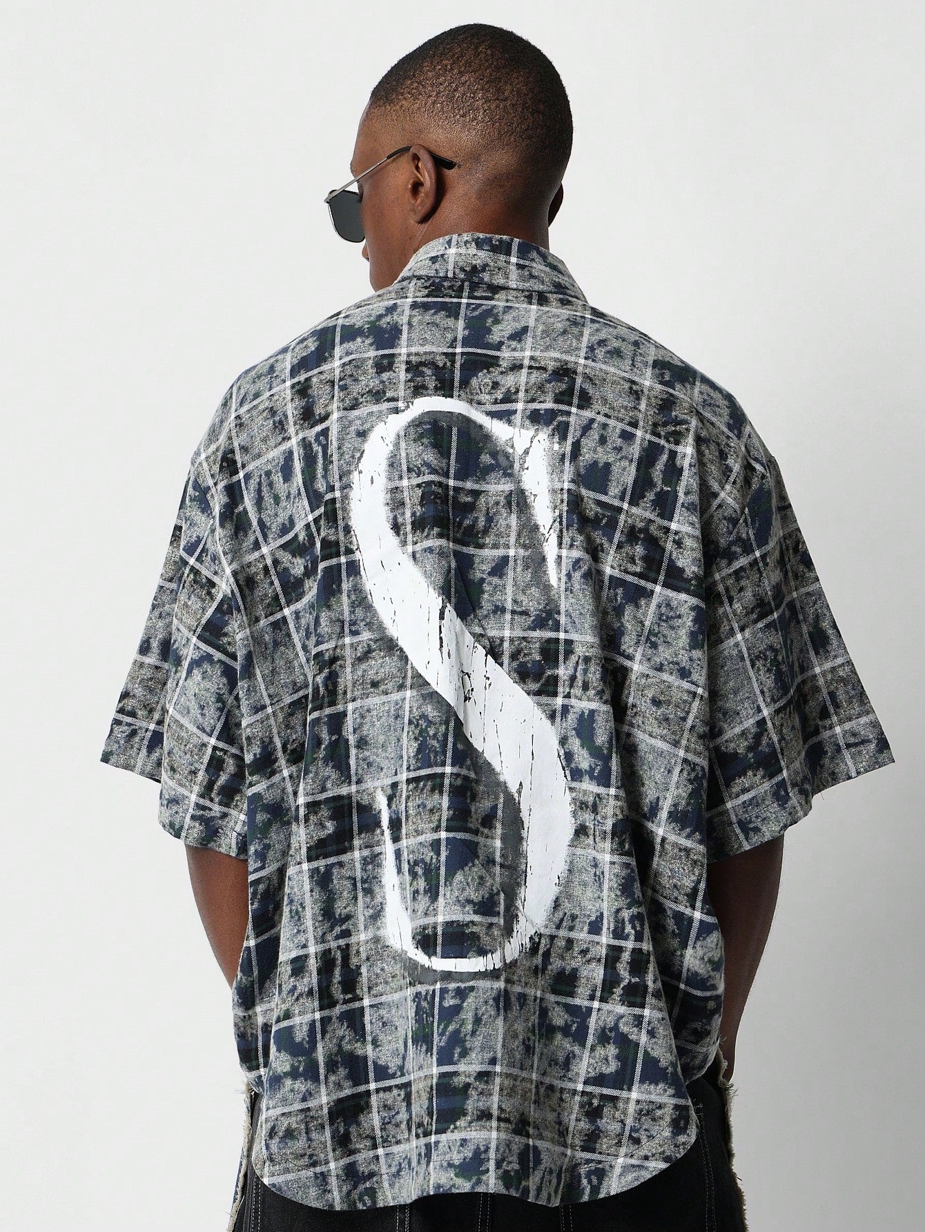 Oversized Fit Checked Shirt With Front And Back Graphic Print