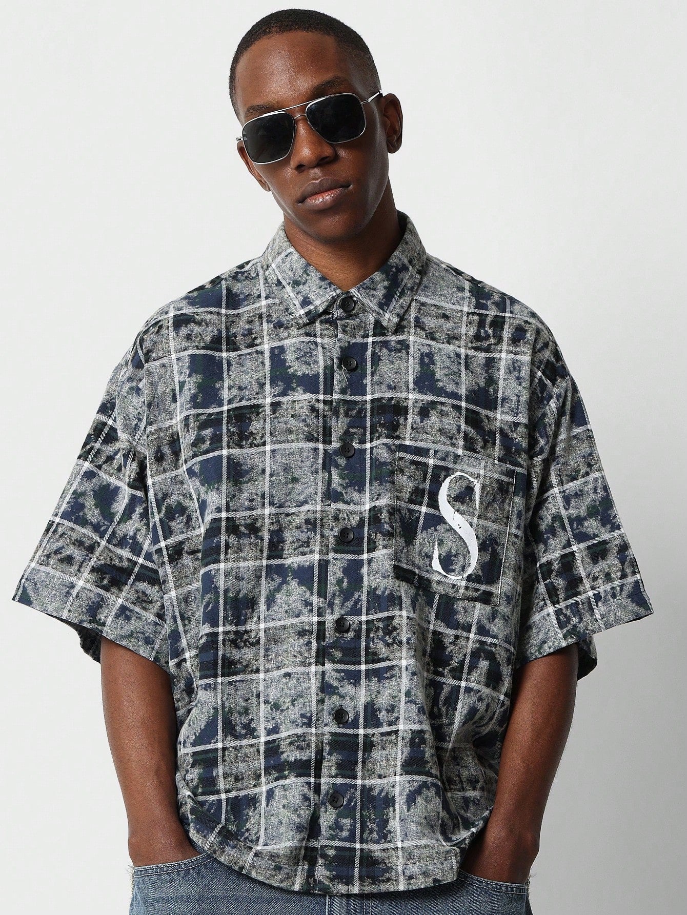 Oversized Fit Checked Shirt With Front And Back Graphic Print