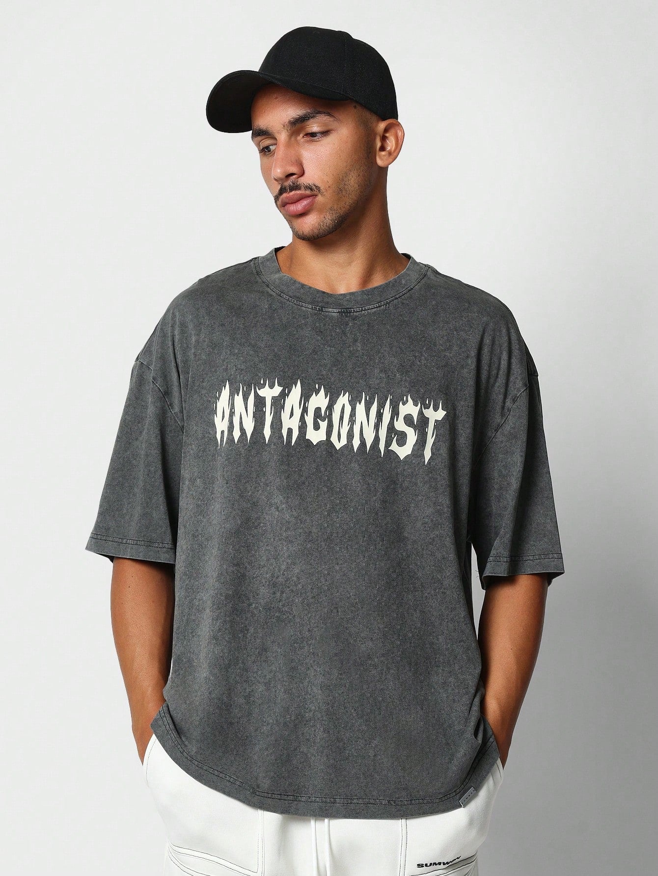 Oversized Fit Washed Tee With Letter Graphic Print