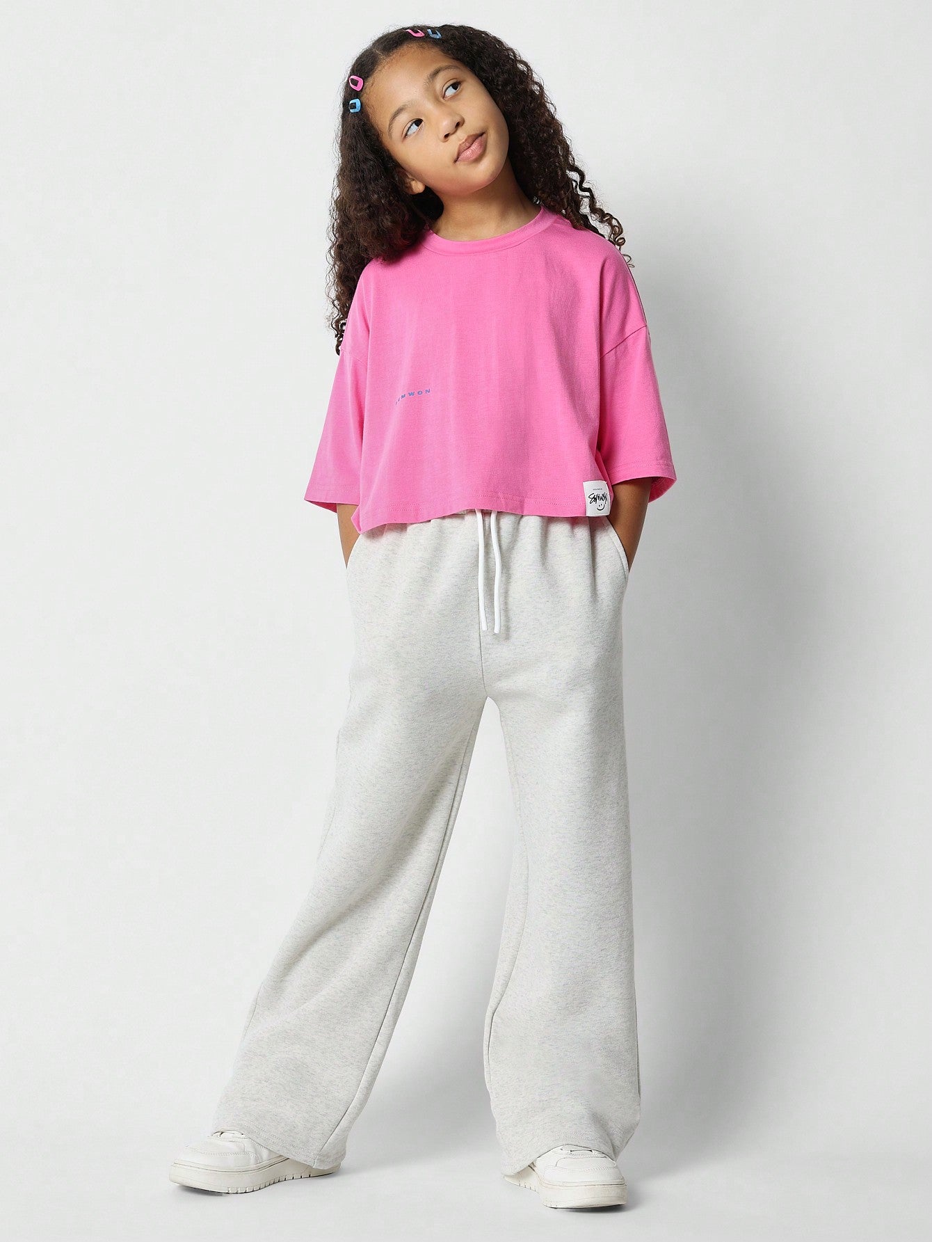 Tween Girls Oversized Crop Fit Short Sleeve Tee With Wide Leg Sweatpants 2 Piece Set