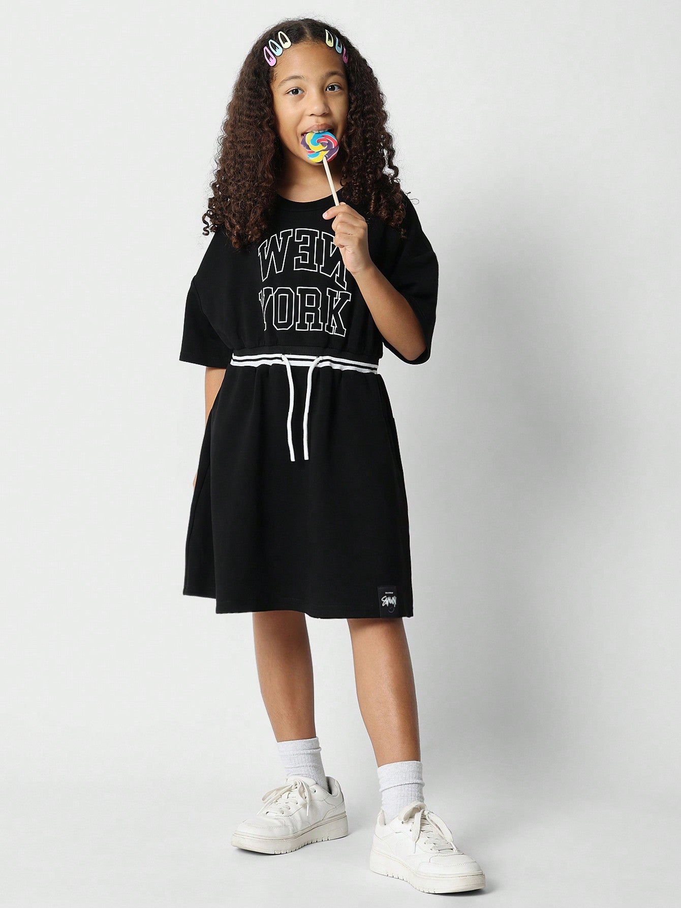 Tween Girls Tee Dress With Front New York Graphic Print And Tie Waist Detail