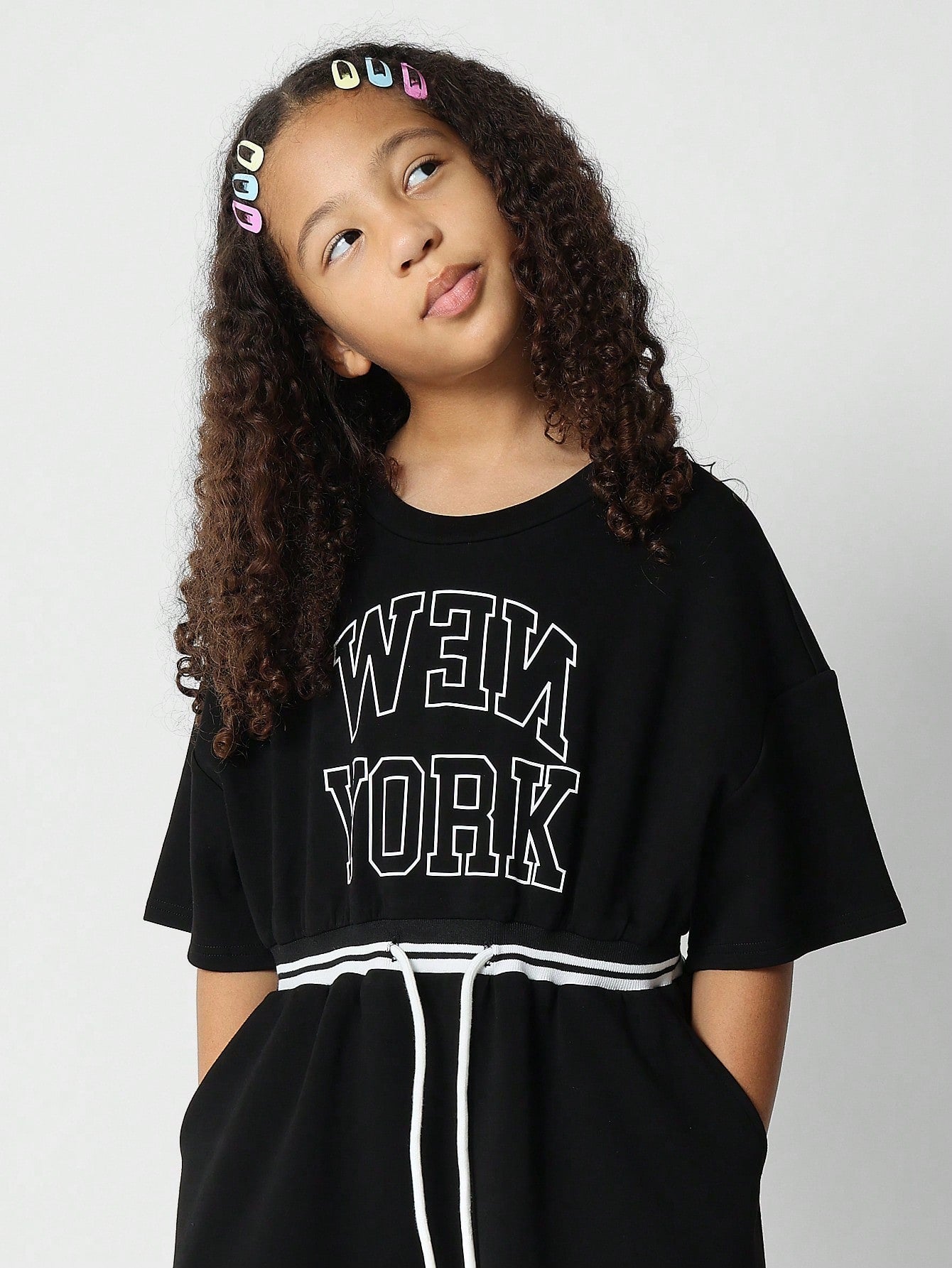 Tween Girls Tee Dress With Front New York Graphic Print And Tie Waist Detail