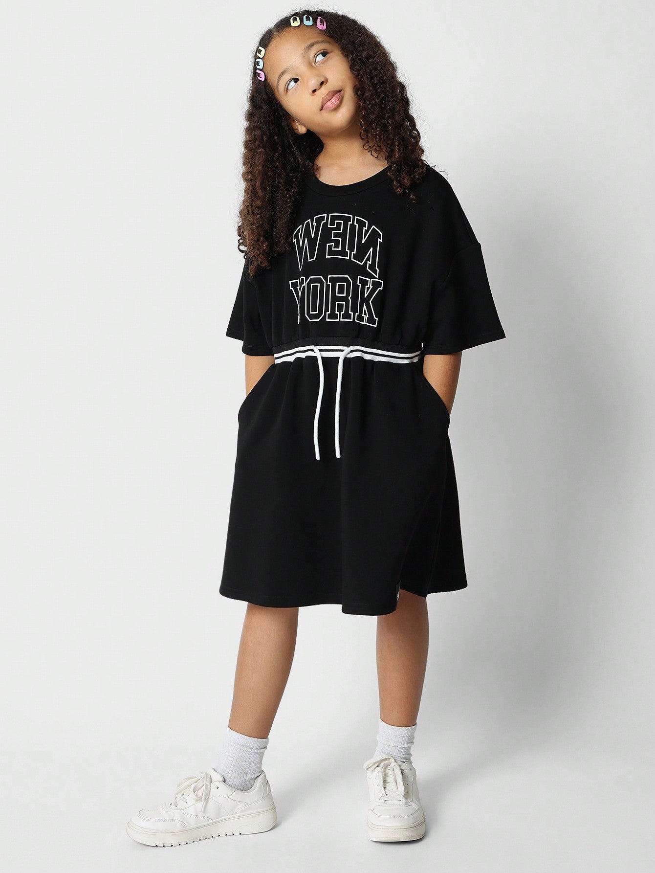 Tween Girls Tee Dress With Front New York Graphic Print And Tie Waist Detail