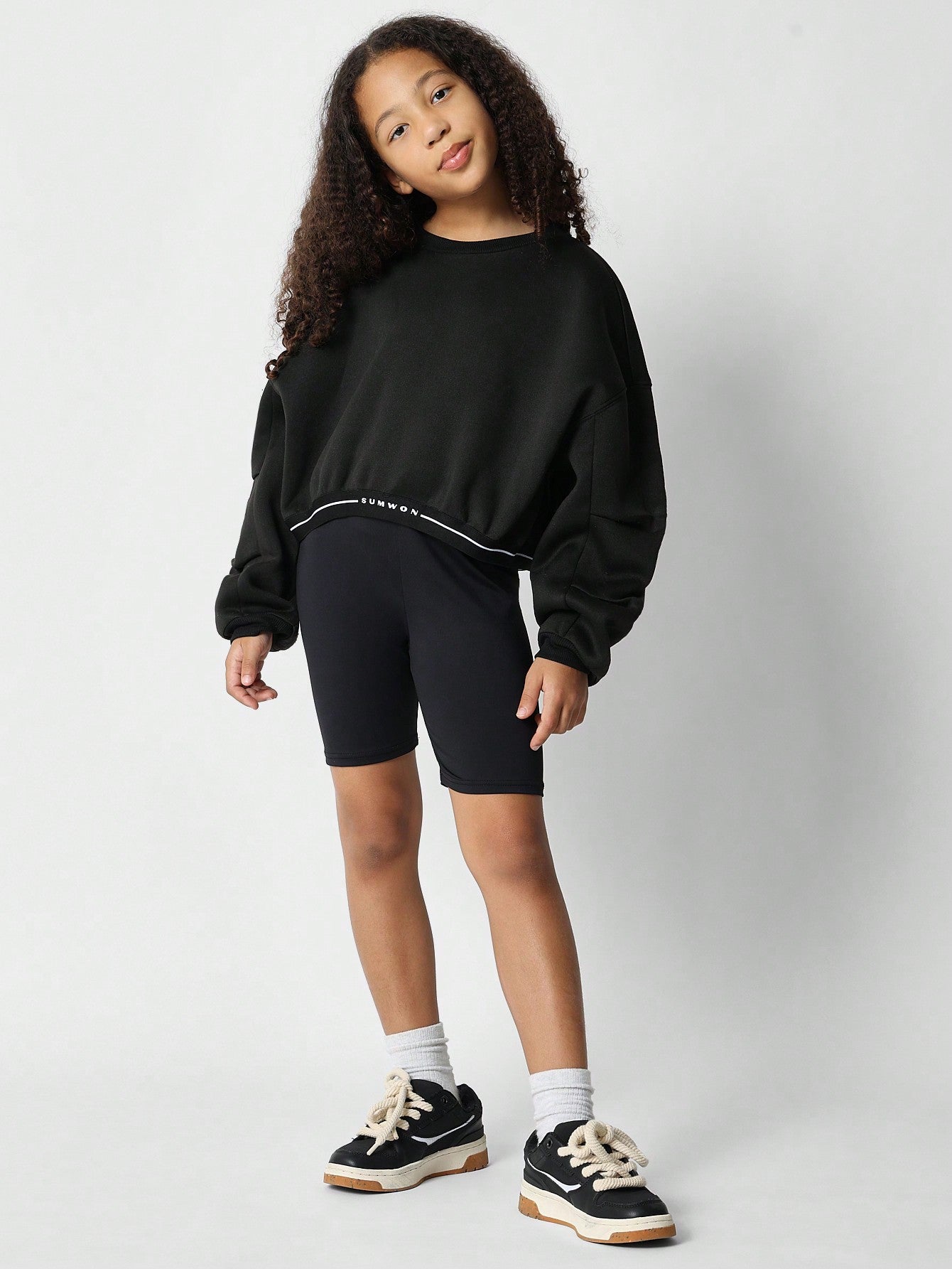 Tween Girls Oversized Crop Fit Elastic Hem Sweatshirt With Running Short Two Piece Set