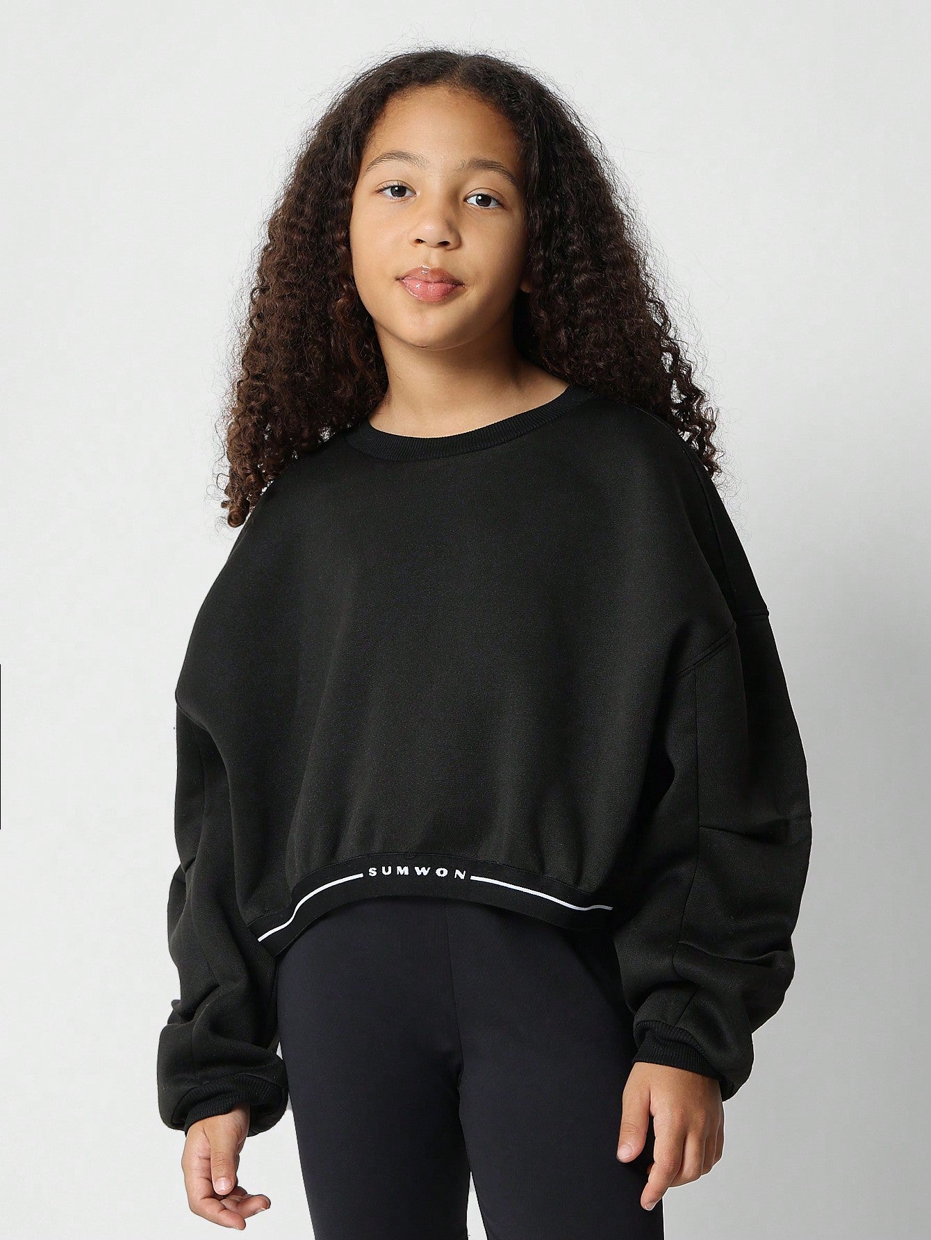 Tween Girls Oversized Crop Fit Elastic Hem Sweatshirt With Running Short Two Piece Set